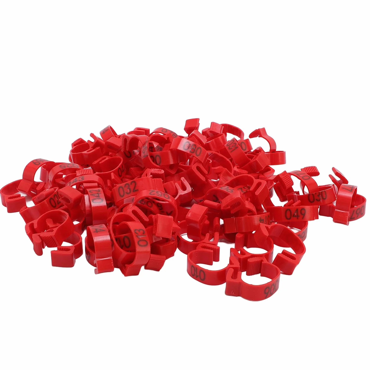 100 szt. plastikowych opasek na nogi z identyfikacją kurczaka, 20 mm od 001 do 100 numerowanych pasków na udka drobiu dla kaczek, piskląt, gęsi, ptactwa żółtego, indyka (czerwone)