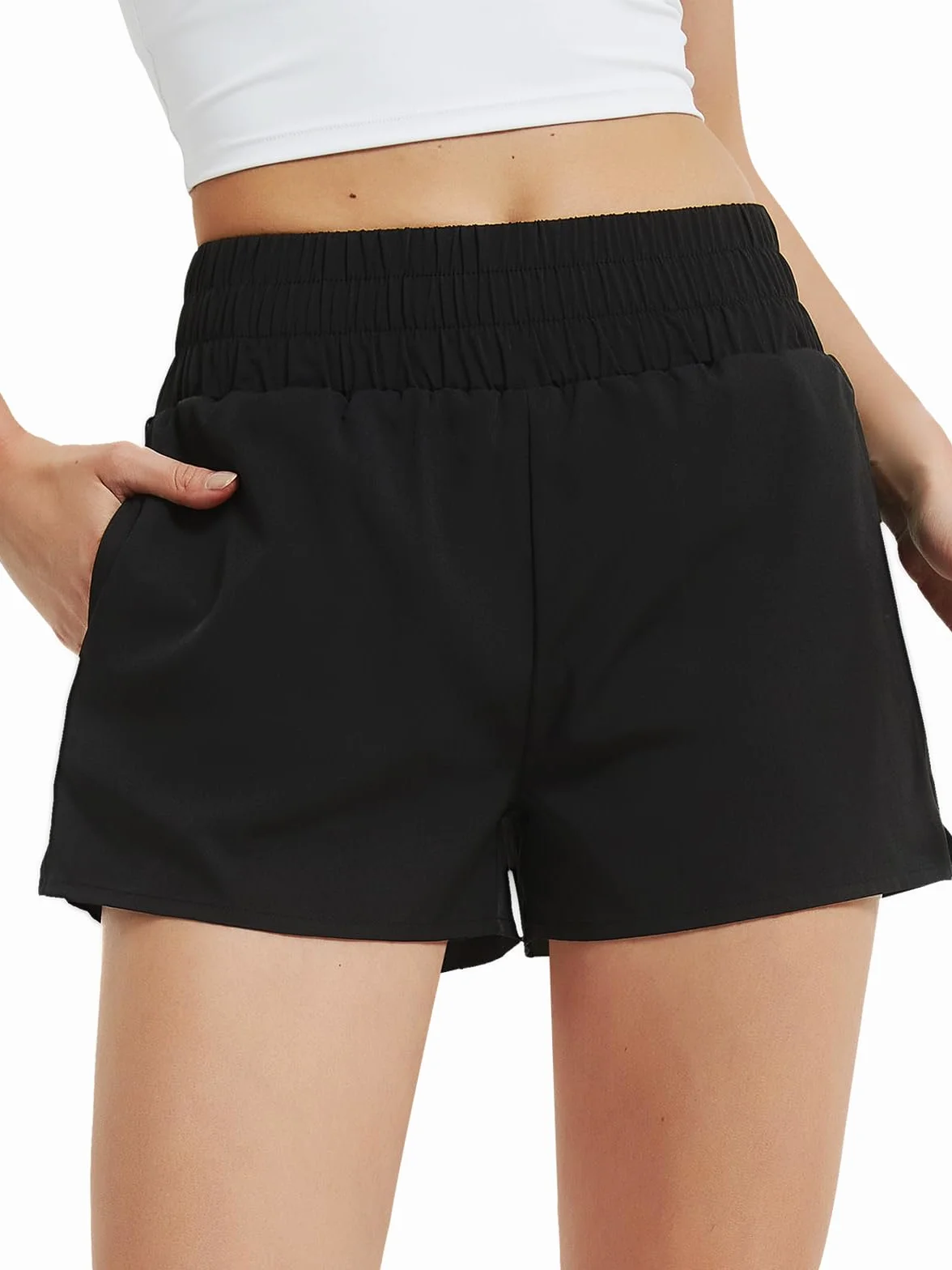 Soudittur Damskie spodenki do biegania, damskie spodenki sportowe 2 w 1 z kieszeniami, szybkoschnące na plażę, lato, siłownia, joga, fitness