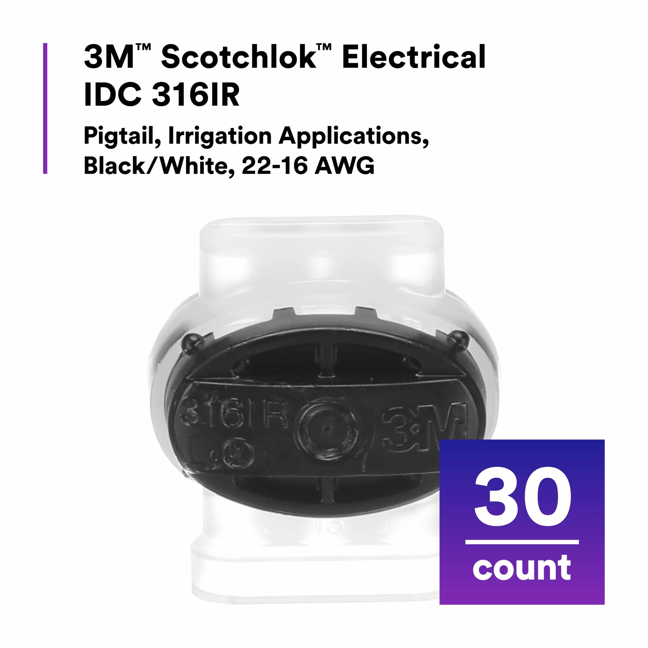 3M Scotchlok Electric IDC (złącze izolacyjne) 316IR, warkocz, aplikacje nawadniające, czarny/biały, 22-16 AWG, torba 30 sztuk