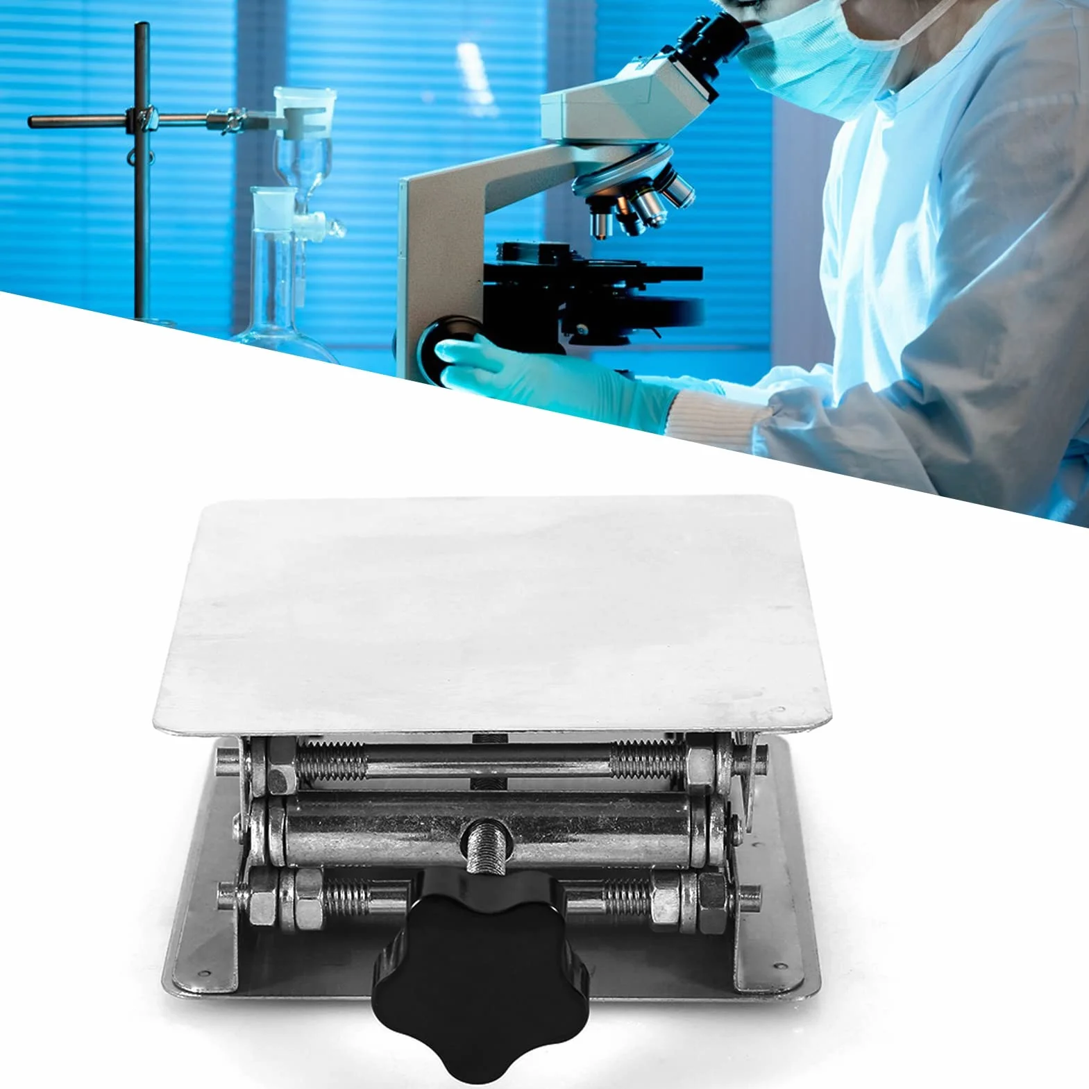 Podnośnik nożycowy laboratoryjny laboratoryjny 10 x 10 cm, laboratoryjny podnośnik ze stali nierdzewnej, stojak nożycowy, podnośnik laboratoryjny, sterowanie ręczne
