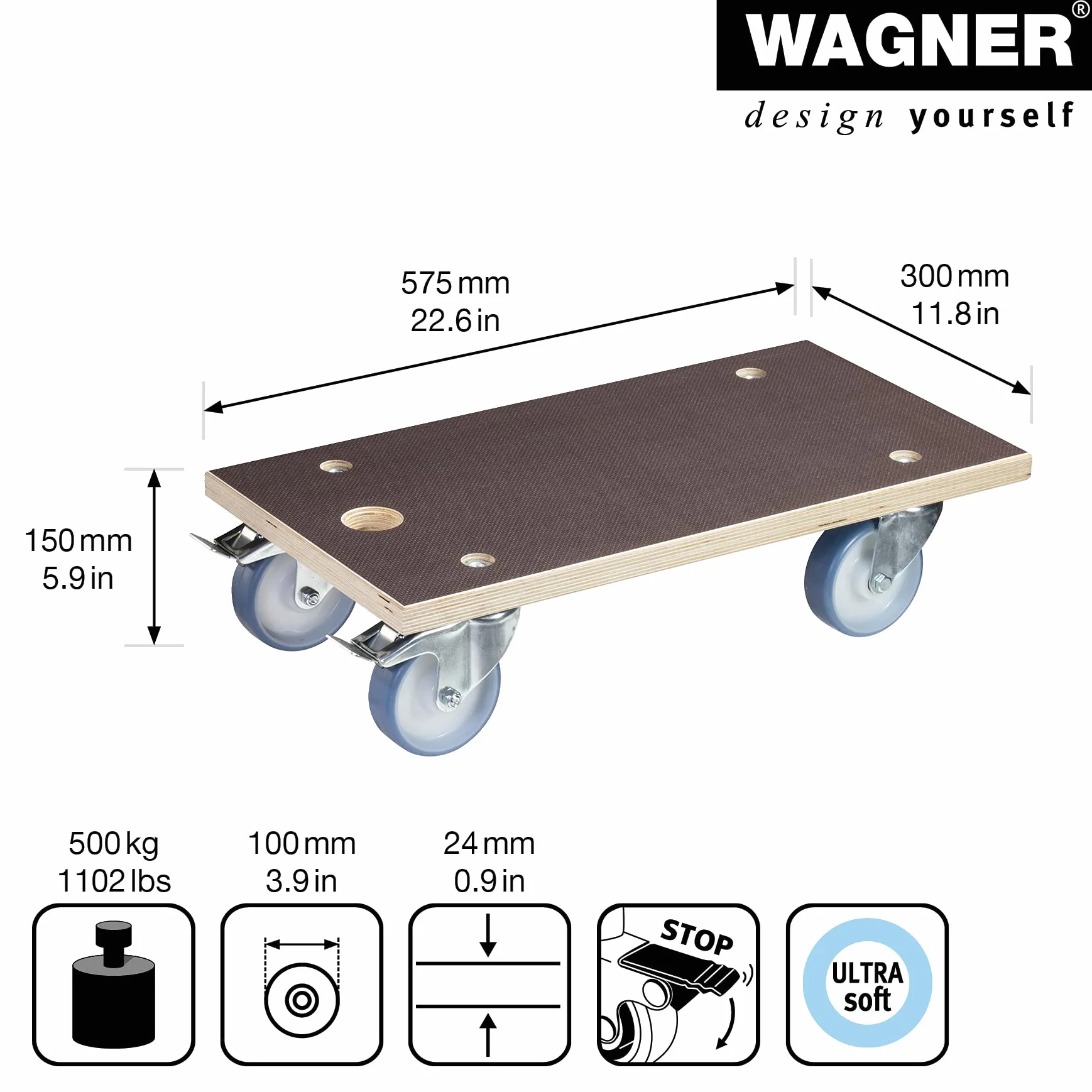 WAGNER przesuwna lalka MM 1341 I 57,5 x 30 cm - do mocno załadowanych pudełek, urządzeń i mebli I nośność 500 kg otwór do noszenia I powierzchnia antypoślizgowa I certyfikat FSC® - 20134101
