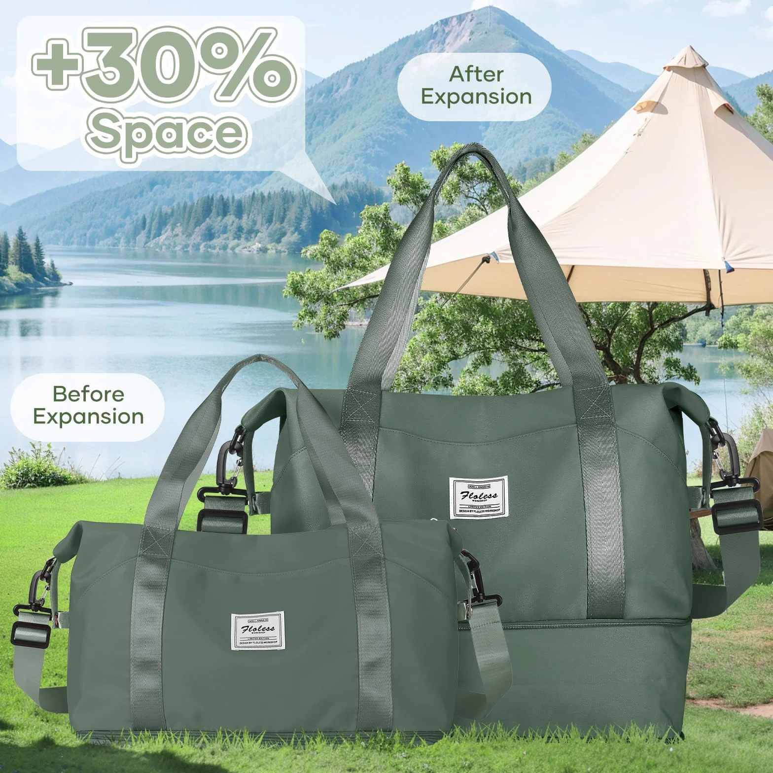 SEAFEW Torba podróżna 40x30x20 dla Ryanair, Rozszerzana Torba podróżna na weekend-bagaż ręczny, Torba sportowo-fitness, torba szpitalna dla mamy, dla kobiet i mężczyzn,A01-Zielony wojskowy