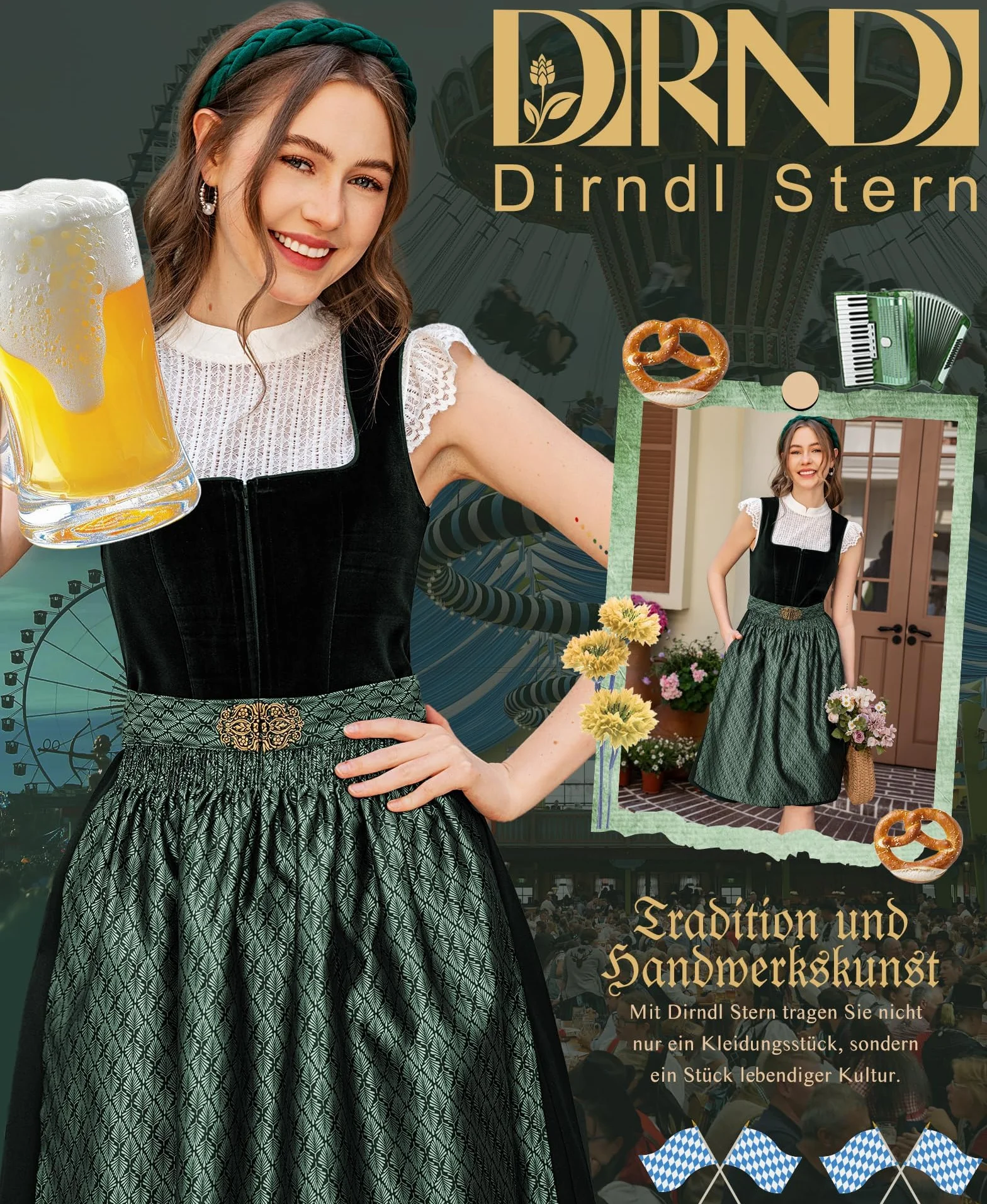 DirndlStern Dirndl damski zielony sukienka ludowa aksamit bawarska midi z fartuchem Oktoberfest