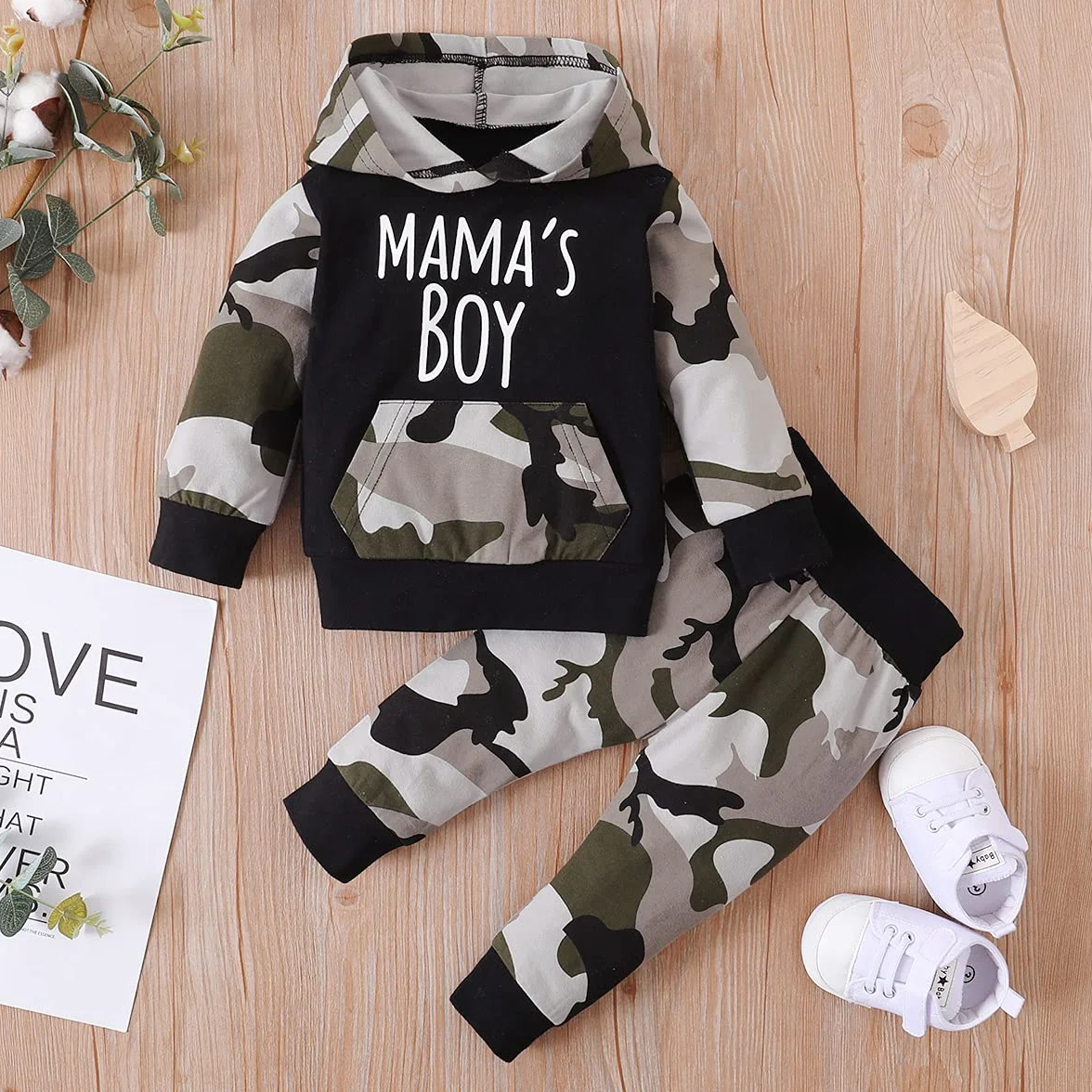 Verve Jelly Toddler Kids Boys Baby Girls Odzież z długim rękawem Mama's Boy Girl bluza z kapturem Bluza Top + spodnie kamuflażowe Sweatsuit zestaw jesiennych strojów