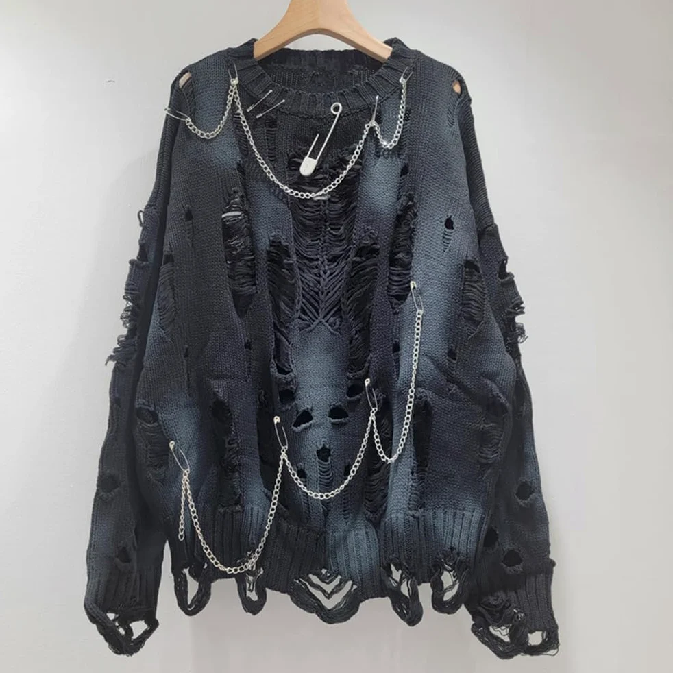 Damski gotycki sweter oversize z długim rękawem, wycięciami, okrągłym dekoltem, podarty sweter, bluza dziergana