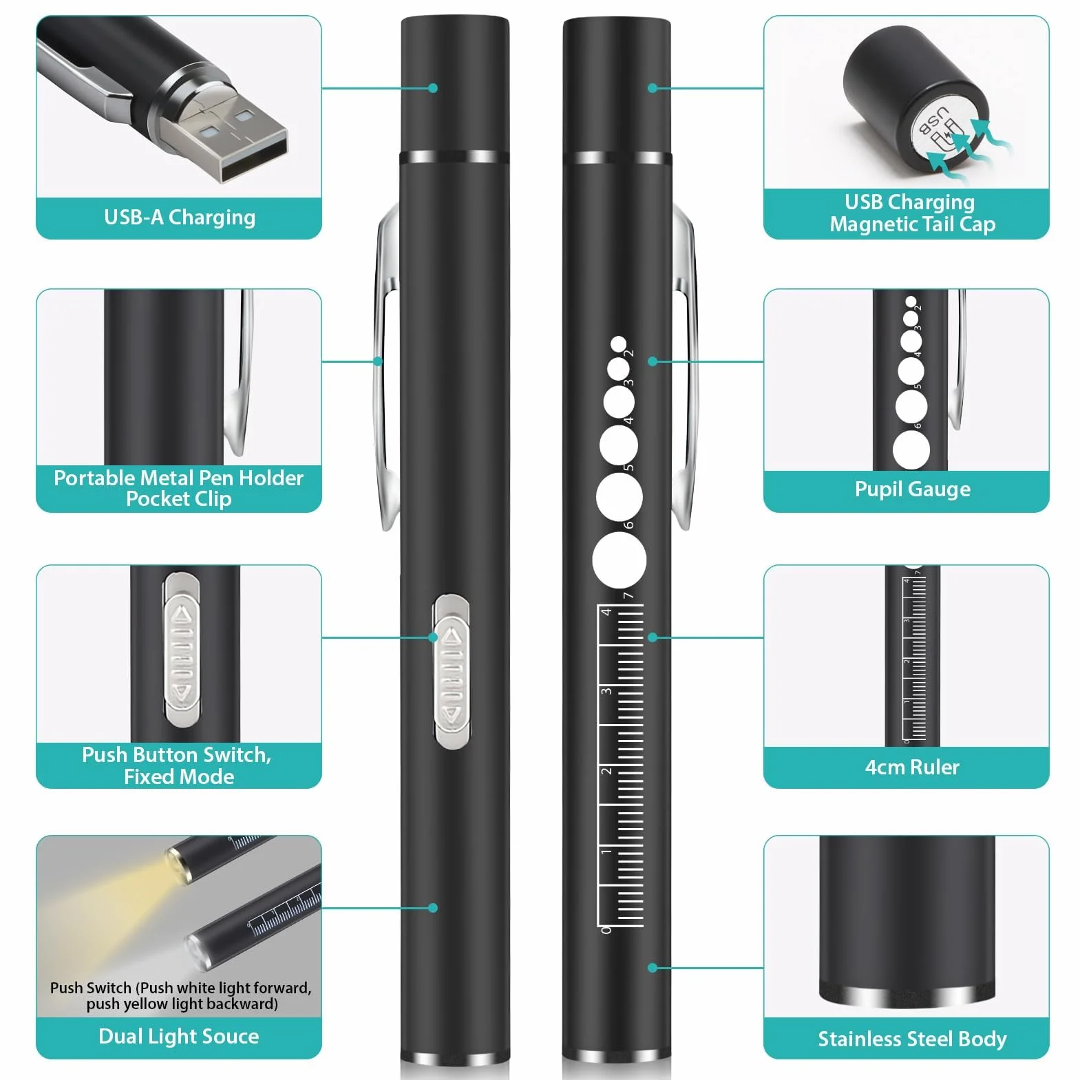Lampa diagnostyczna źrenicy, z miernikiem źrenic i linijką, czarna lampa medyczna z diodą w kształcie długopisu z ciepłą / zimną bielą, ładowana przez USB, dla pielęgniarek, lekarzy