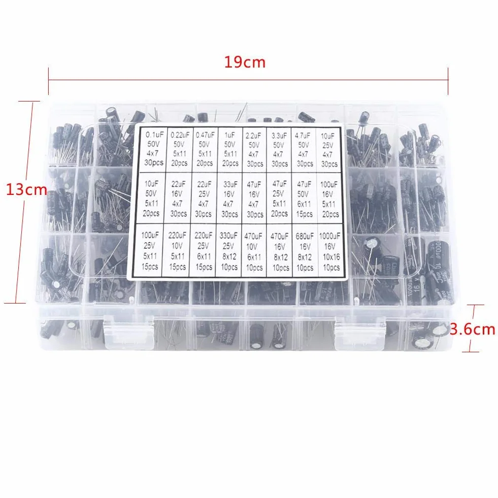 Kondensator, elektrolytkondensator 500 stycken 24 värden 10V ~ 50V aluminium elektrolytkondensator sortiment lådesats 0.1UF till 1000UF