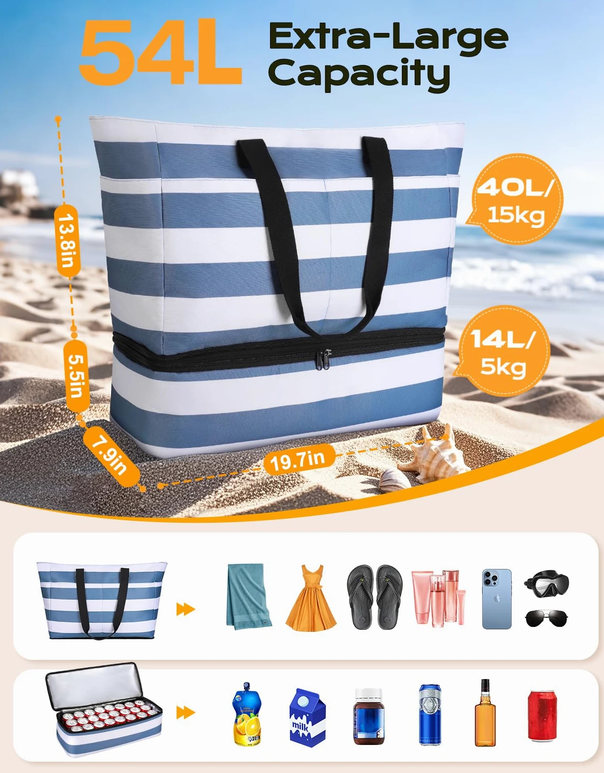 CIRYCASE Duża torba plażowa XXL z izolowaną chłodziarką, 54L wodoodporna składana torba plażowa dla kobiet/rodziny, przegroda na rzeczy suche i mokre oraz zapięcie na zamek błyskawiczny