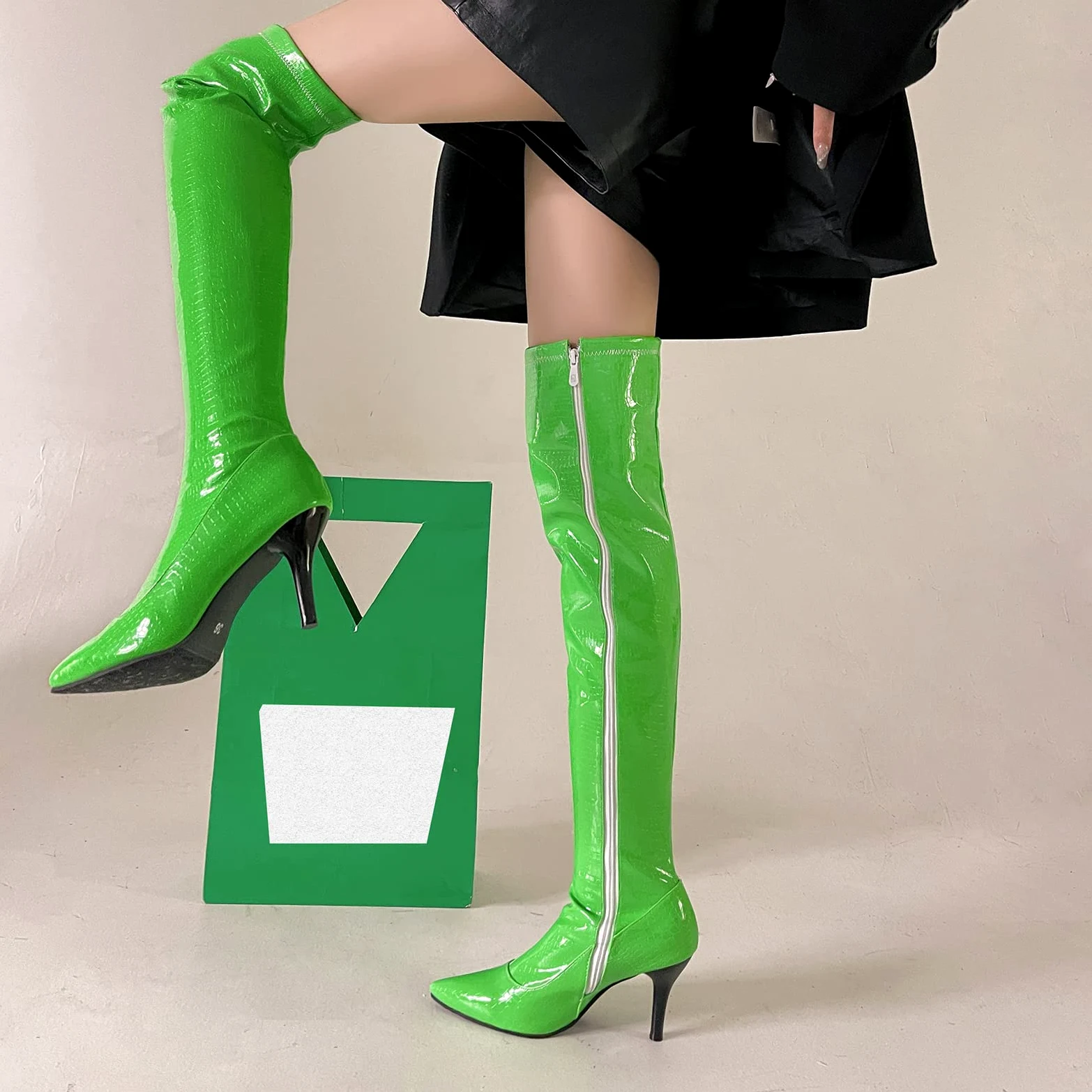 CUTEHEELS Damskie jednokolorowe buty na uda wysokie/nad kolanem ze szpilką i szpiczastym noskiem, zielony, 44 EU