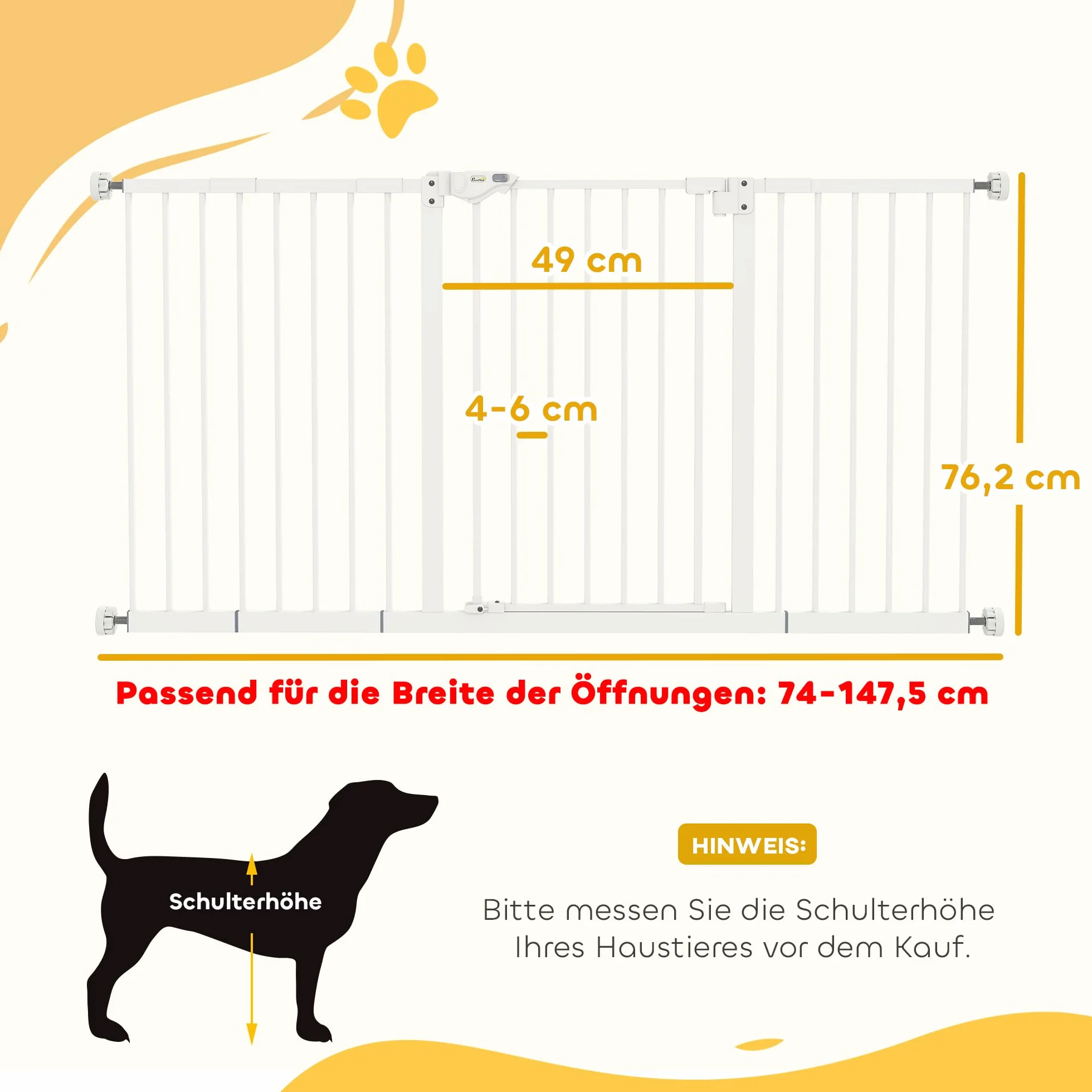 PawHut Kratka ochronna na drzwi, kratka ochronna na schody, z przedłużeniem 17,5/20,3/30,5 cm, kratka na drzwi, bez wiercenia, kratka schodowa o szerokości 74-147,5 cm, obustronnie wychylna, metalowa