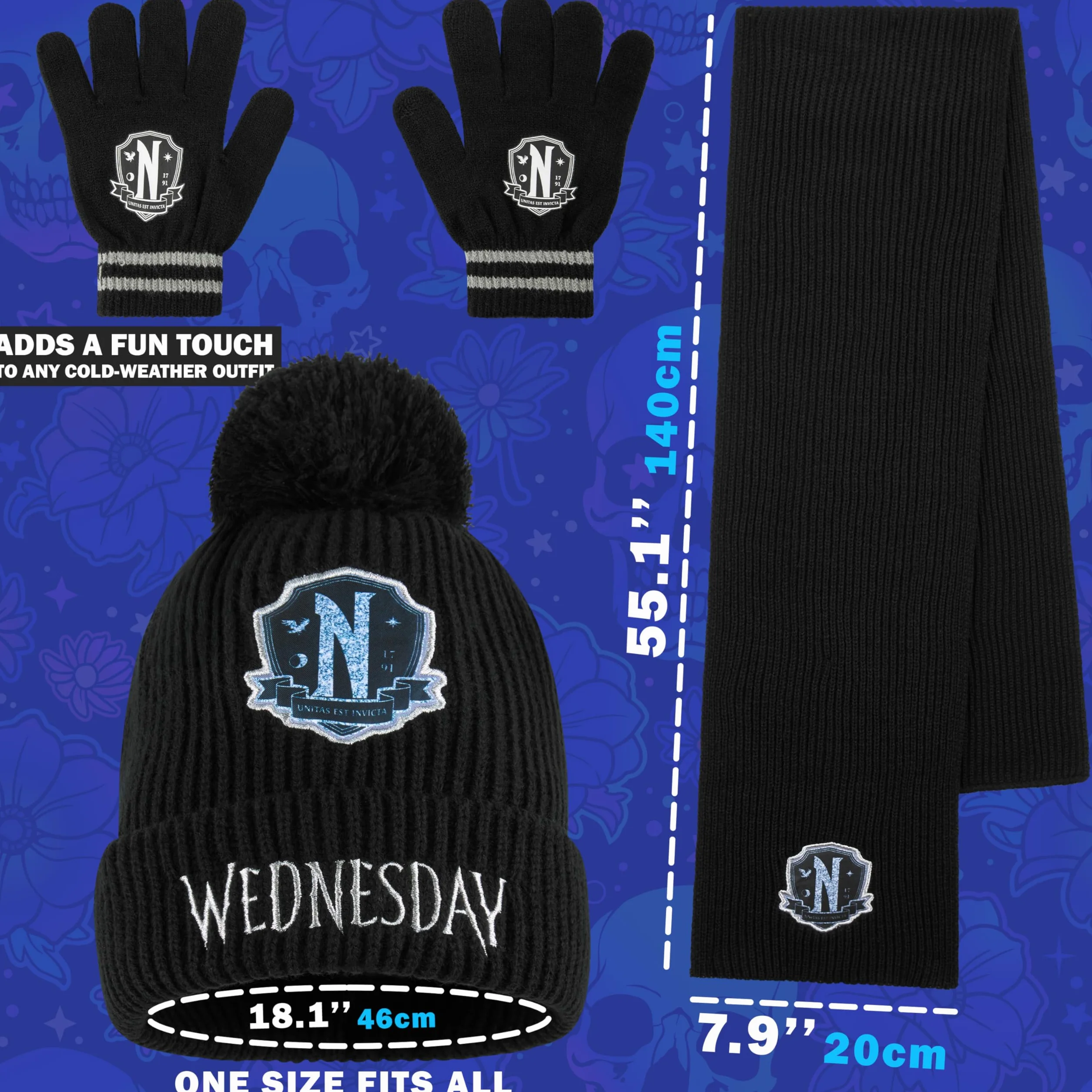Wednesday Zestaw akcesoriów zimowych 3-częściowy czapka beanie szal rękawiczki dla dziewczynek 6-14 lat