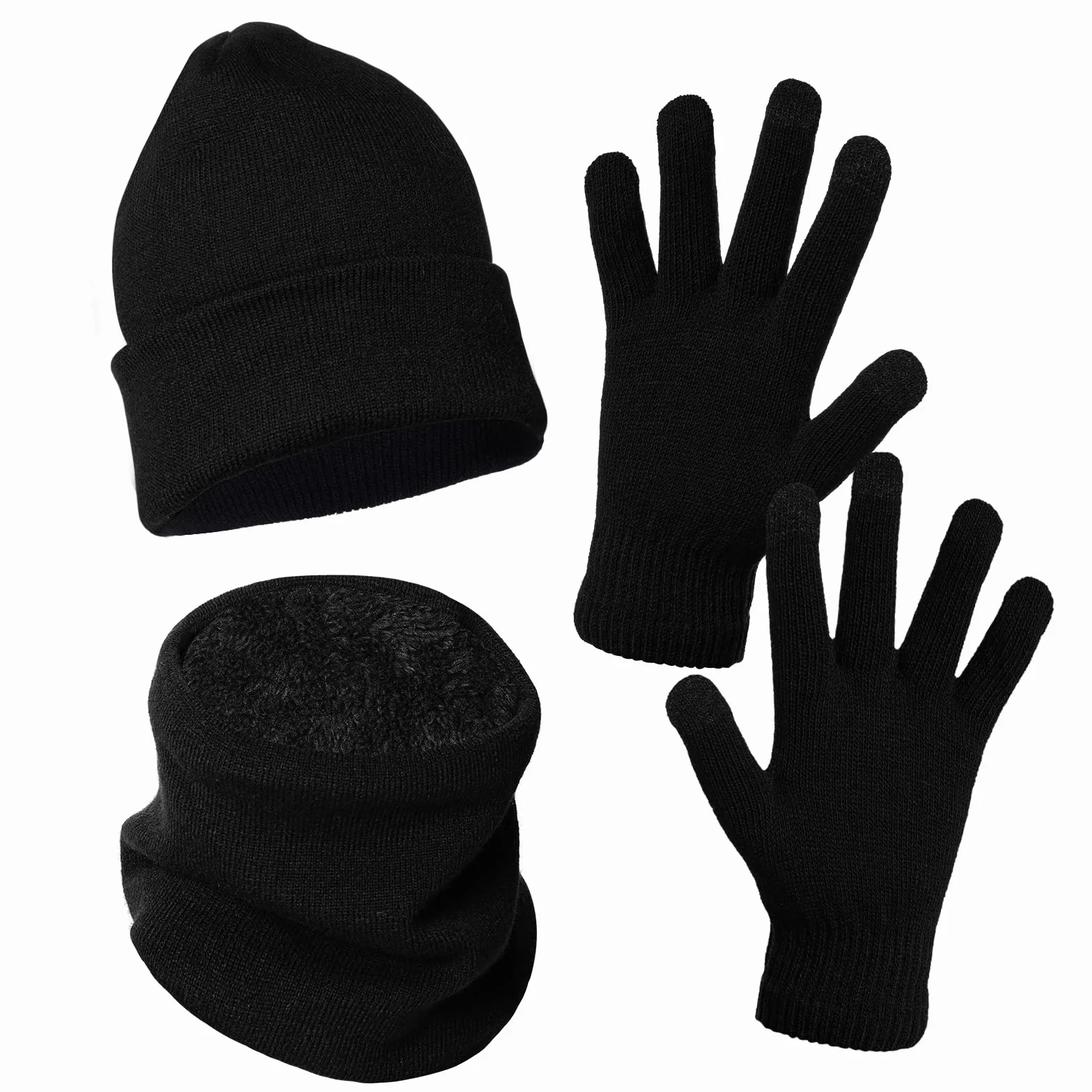 baotongle Zimowa czapka typu beanie, szalik, rękawiczki z funkcją obsługi ekranu dotykowe zestaw Zimowa czapka Męska szalik z ciepkim podszewkowym futrem dzianinowy dla mężczyzn i kobiet