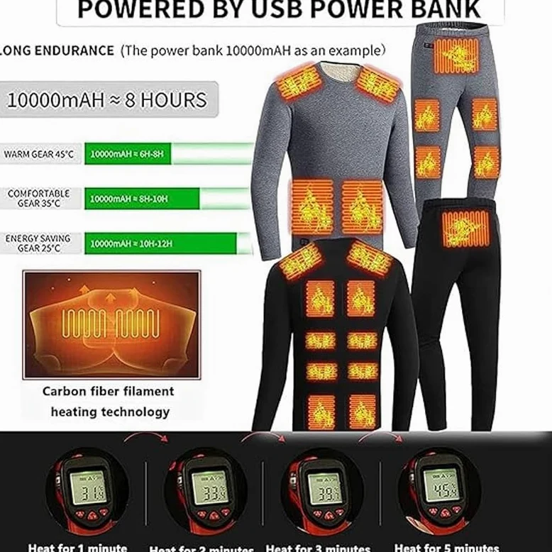 Zestaw Bielizny Podgrzewanej Elektrycznie Odzież Motocyklowa Męska Polarowa Koszulka Termoaktywna 18-strefowa Podgrzewana Bielizna Zewnętrzna USB (Color : Black, Size : XXL)