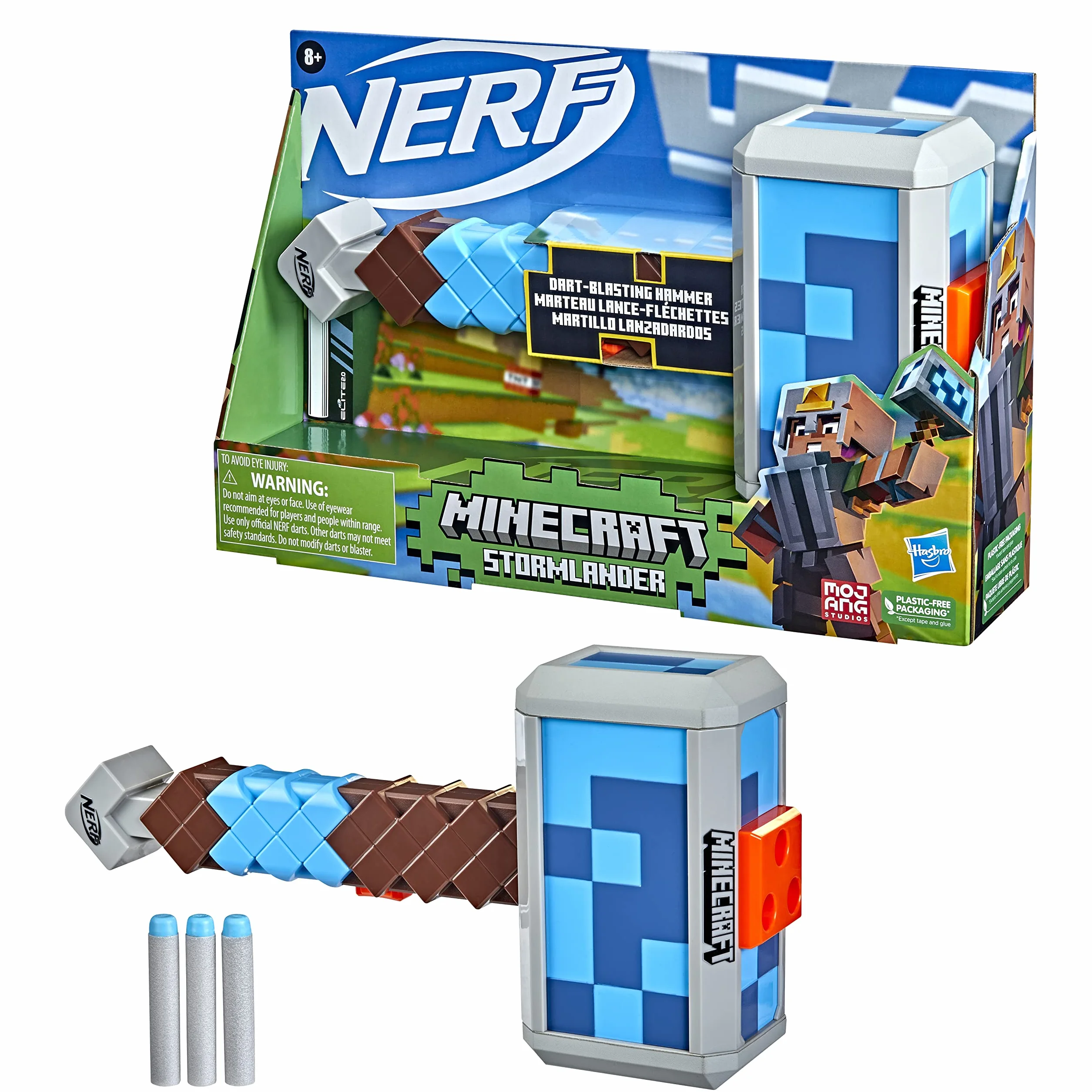 Nerf Minecraft Stormlander, strzelający strzałkami młot, wystrzeliwuje 3 strzałki, dołączono 3 strzałki Nerf Elite, odciągany uchwyt zbrojący