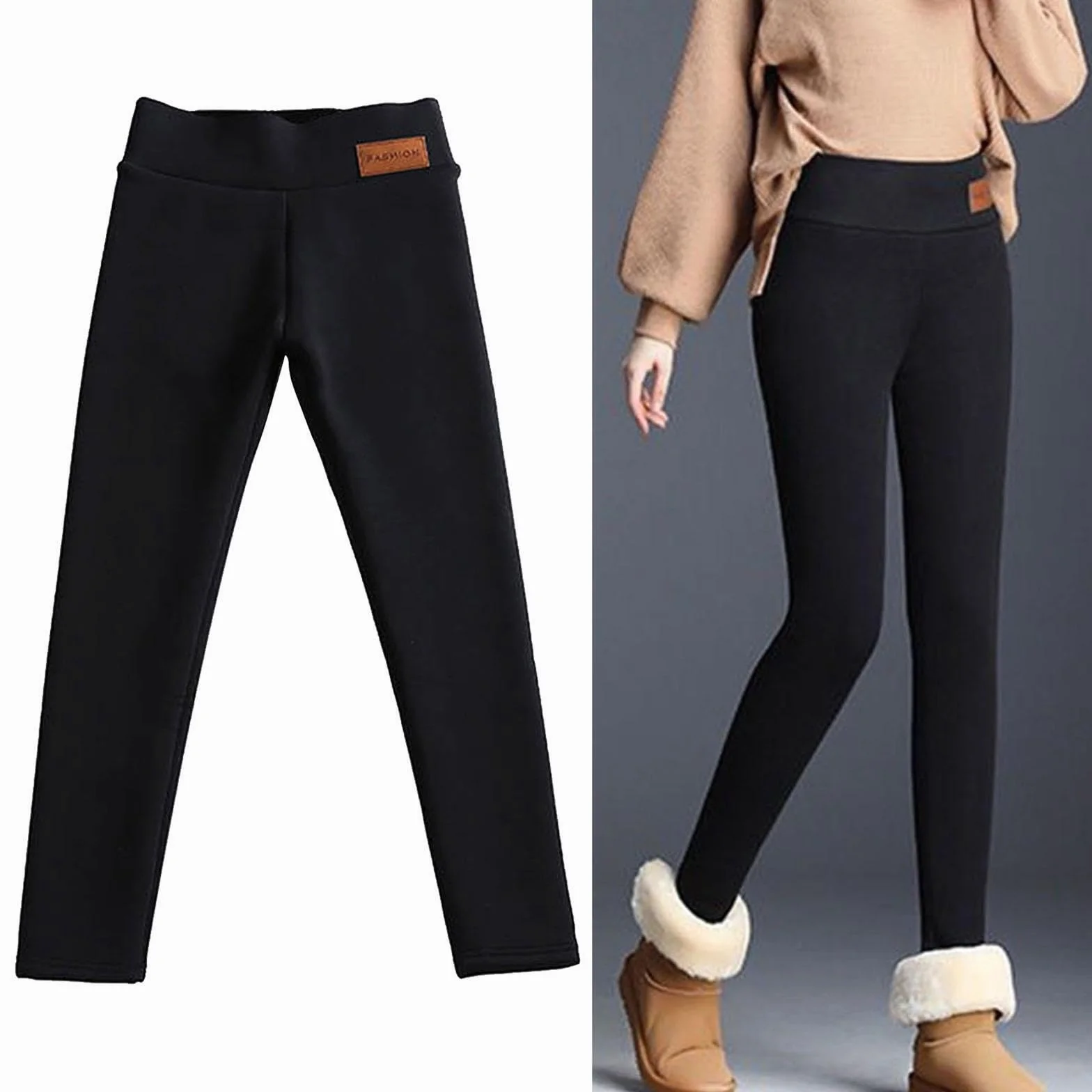 Wygodne i ocieplane legginsy damskie na mroźne zimowe dni, Czarny, XL