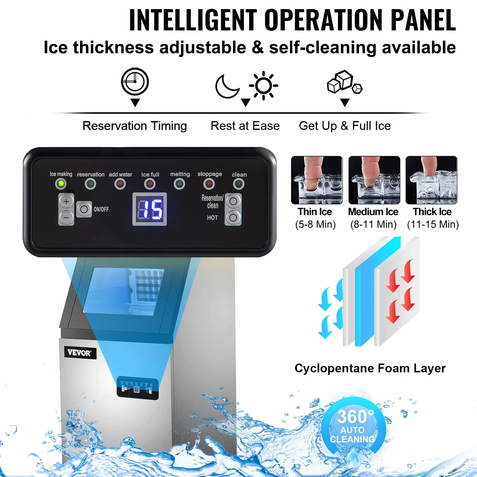 VEVOR Commercial Food Grade Ice Cube Machine 68 kg/24h, wielofunkcyjna kostkarka do lodu wykonana ze stali nierdzewnej 280 W Inteligentny panel sterowania LCD, do kawiarni, barów itp.