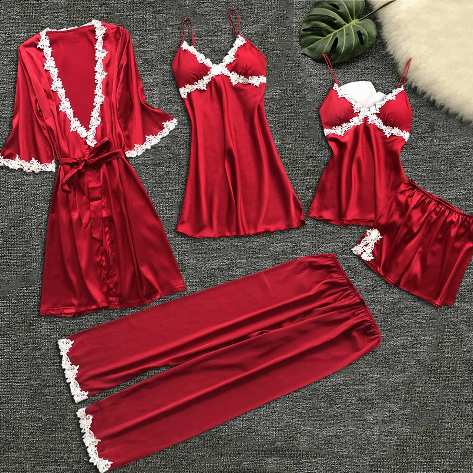 YZCIS Komplet bielizny damskiej Modny komplet piżam Camisole ze szlafrokiem Niegrzeczne stroje Piżamy? Szorty Bielizna Nocna Chemis Red