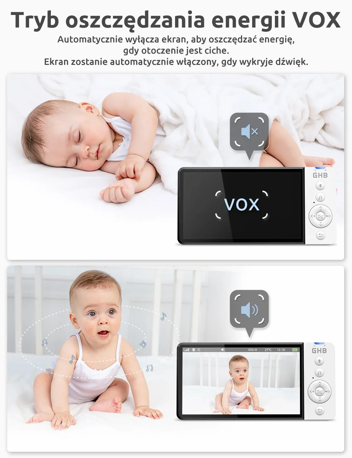 GHB Monitor dla Niemowląt z Kamerą Niania elektroniczna 5 Cali 720p HD 5000mAh Wyświetlacz IPS Tryb VOX Nocnego Widzenia Kolysanki Dwukierunkowa interkomunikacja Czujnik Temperatury