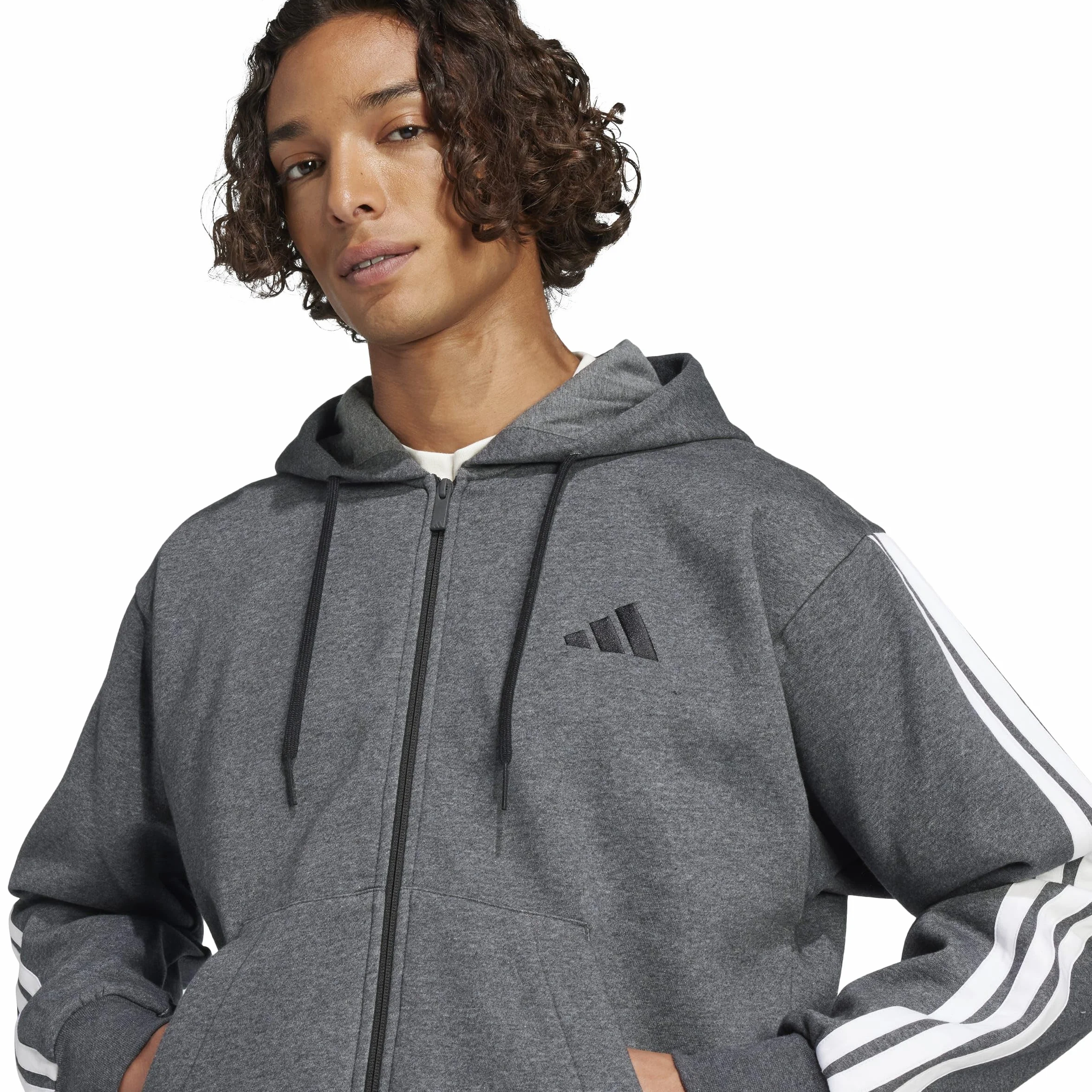 adidas Mezczyzni Essential Three Stripes Fleece Zipper Hoodie Sweatshirt, dark grey heather/black, S