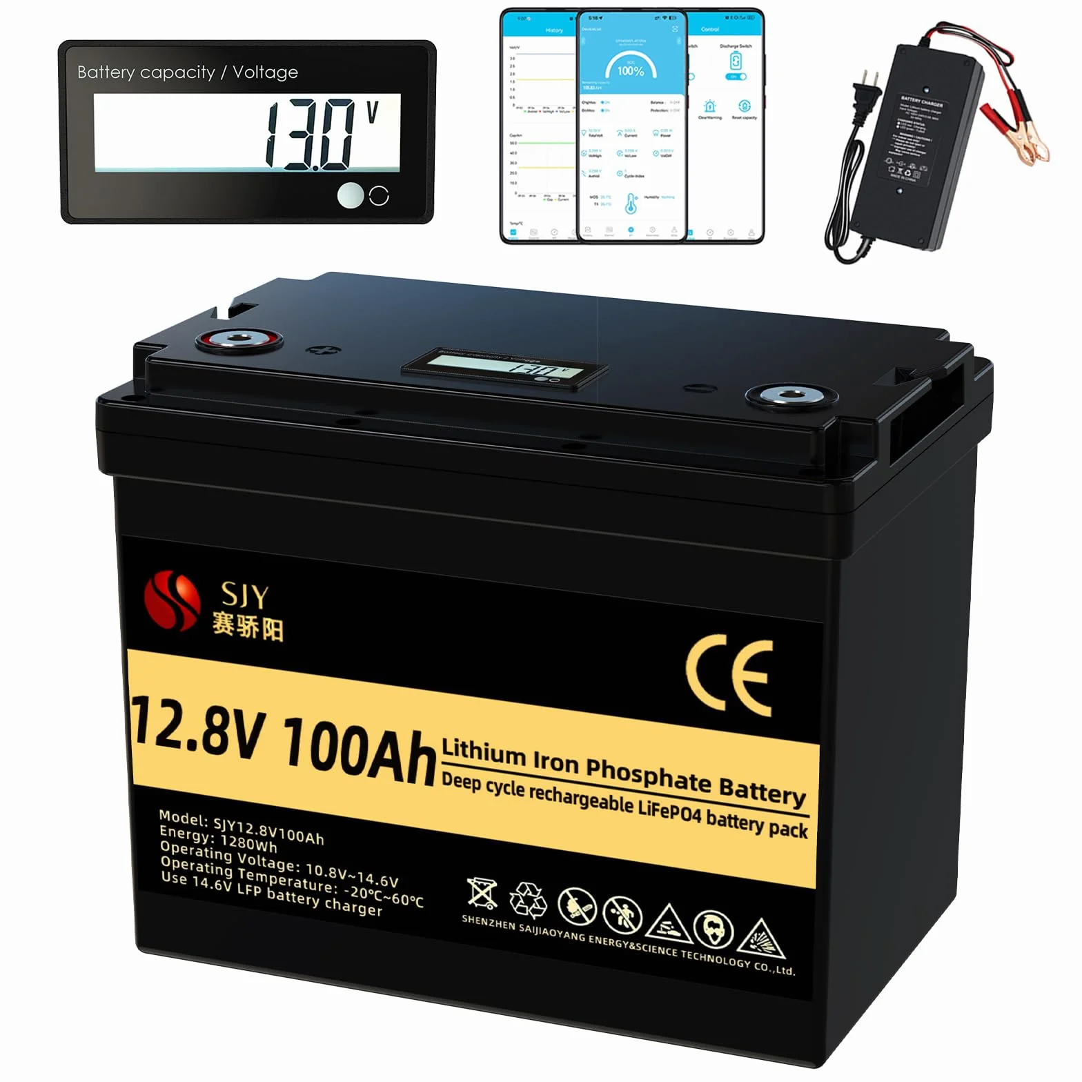 Bateria litowa LiFePO4, 12 V, 100 AH, z ładowarką, wbudowany aktywny korektor, BMS z Bluetooth, wyświetlacz, ponad 5000 cykli życia i ponad 10 lat żywotności, do kamperów