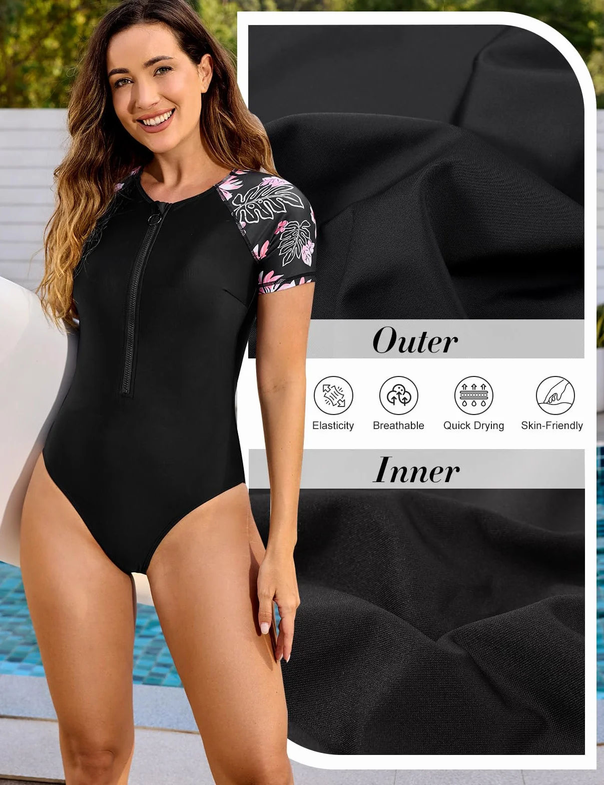 Tuopuda Strój kąpielowy damski reduktor jednoczęściowy z zamkiem z przodu, monokini z wkładkami, vintage nadruk, slim fit, do pływania i surfingu