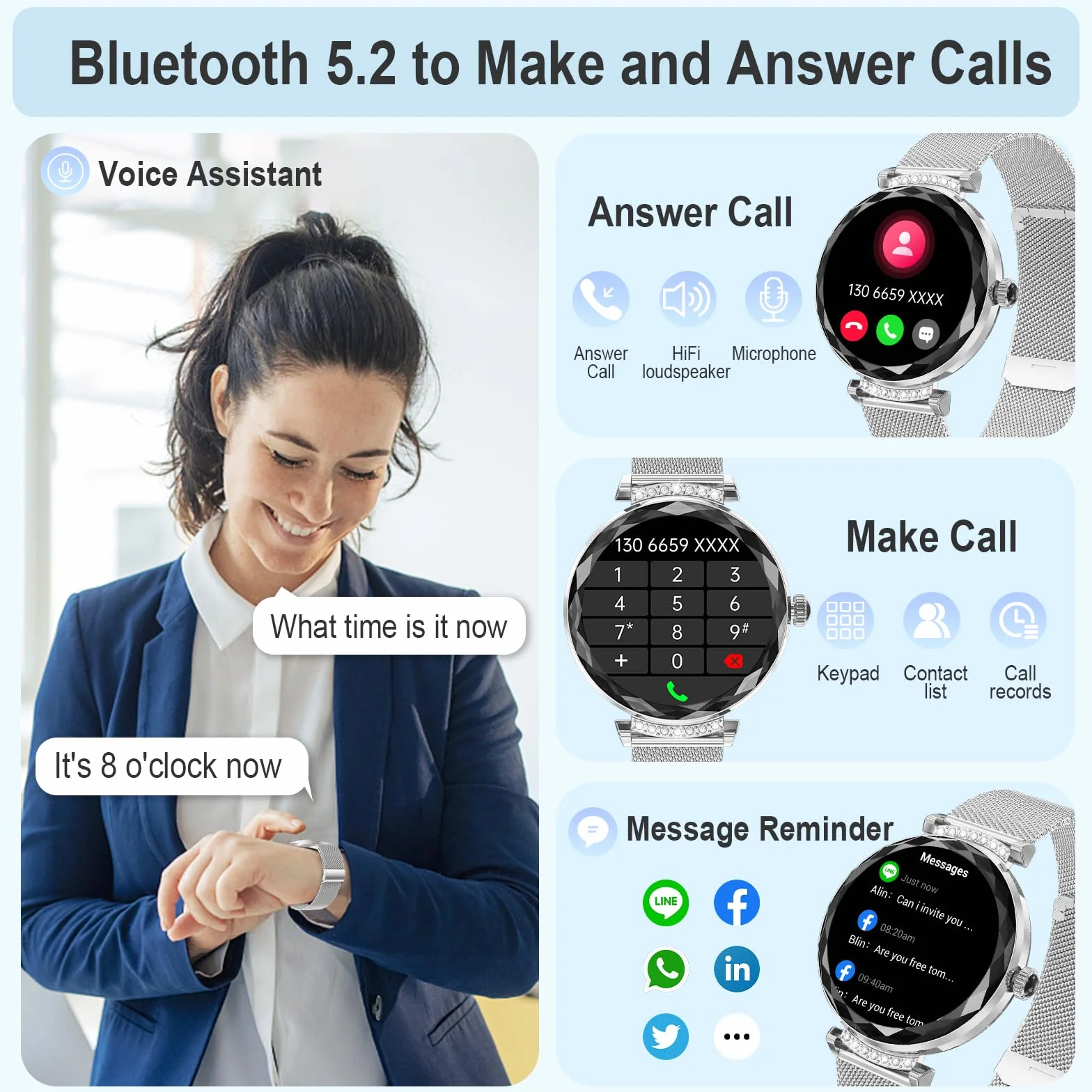 Inteligentny zegarek dla kobiet, odbieranie/nawiązywanie połączeń, 3.0 cm AMOLED Smartwatch z Bluetooth do telefonów z systemem Android, iOS, wodoodporny monitor aktywności IP68 z licznikiem