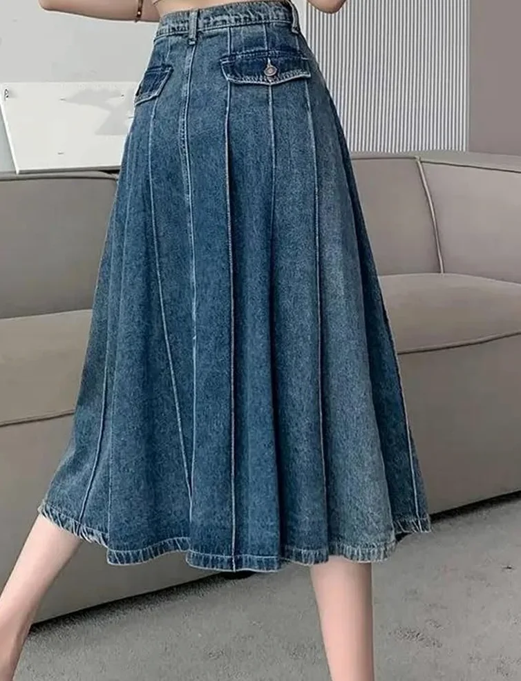 Damska plisowana spódnica dżinsowa wysoka talia linia zamek błyskawiczny slim fit casual letnia spódnica