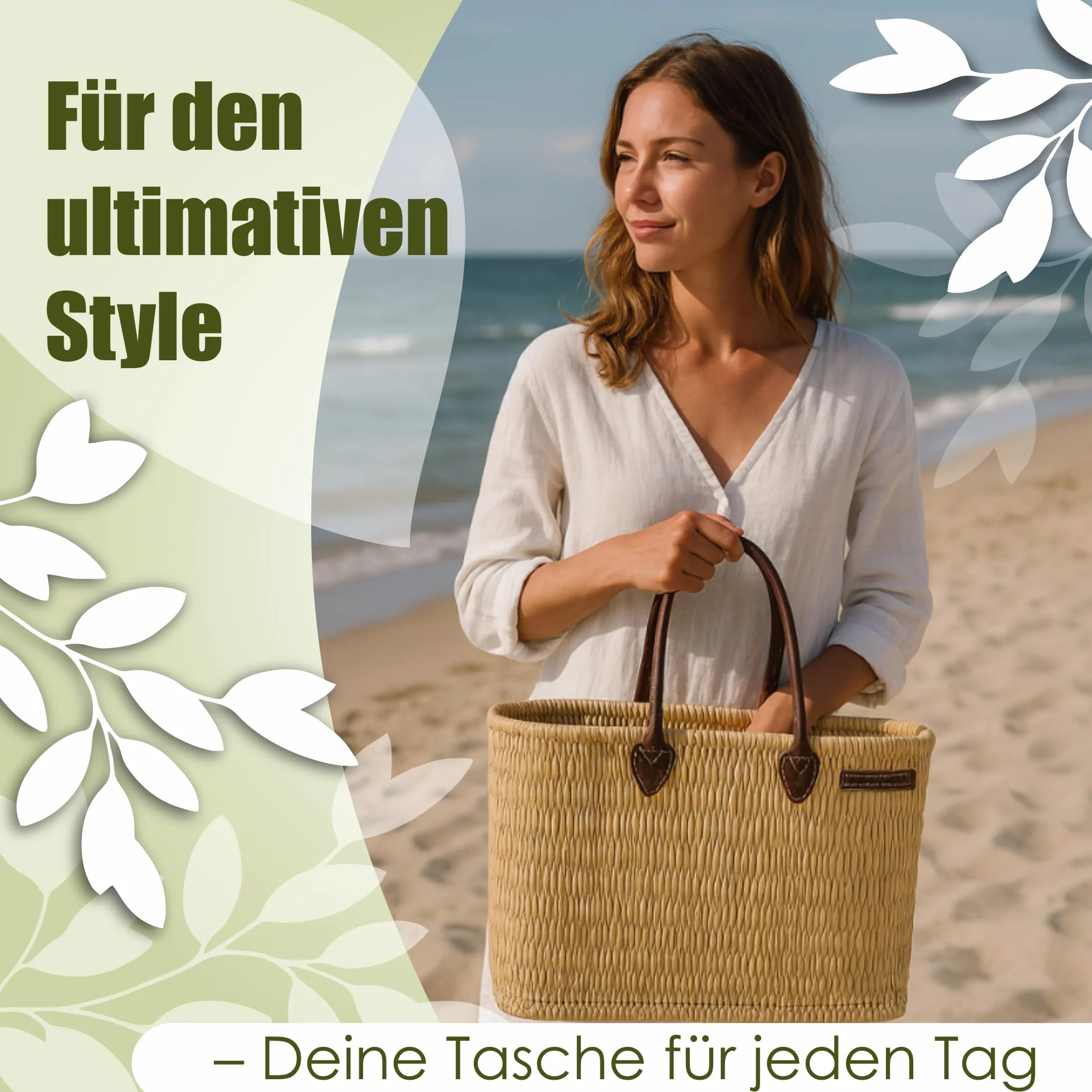 NATUREHOME Ręcznie plecione torby z trzciny i liści palmowych torba beachbag ze skórzanymi uchwytami naturalna torba łazienkowa, naturalny, Schilfrohrkorb M