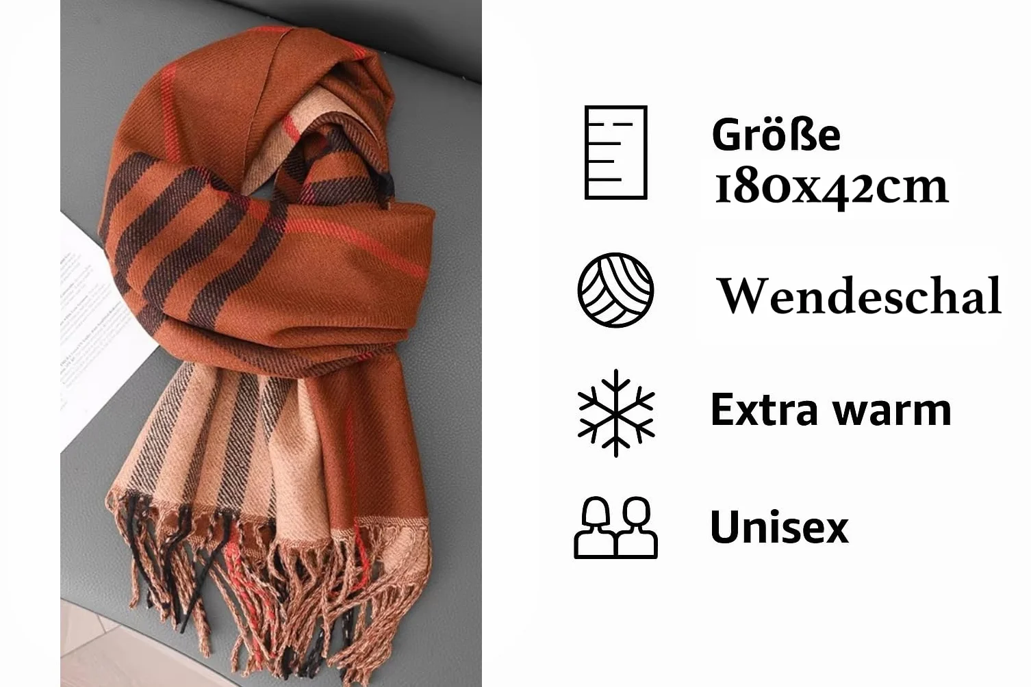 KARMA.DIEM Szal Premium – Dotyk Kaszmiru i Merino – Luksusowo Miękki i Ciepły Szalik Zimowy – Brązowa Krata – 180x65 cm Unisex Pashmina Stola dla Kobiet i Mężczyzn