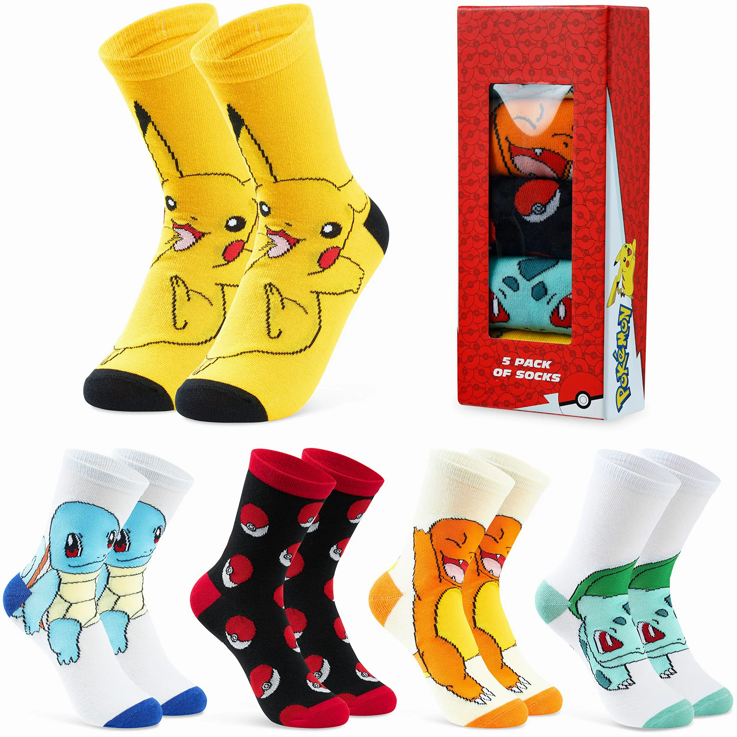 Pokemon Skarpety chłopięce 5 Pakiet Pikachu Skarpety do Kostek Rozciągliwy Oddychający Skarpety Crew dla Chłopców Dziewcząt Nastolatków Kobiet - Rozmiary 11-6 - Prezenty Pokemon