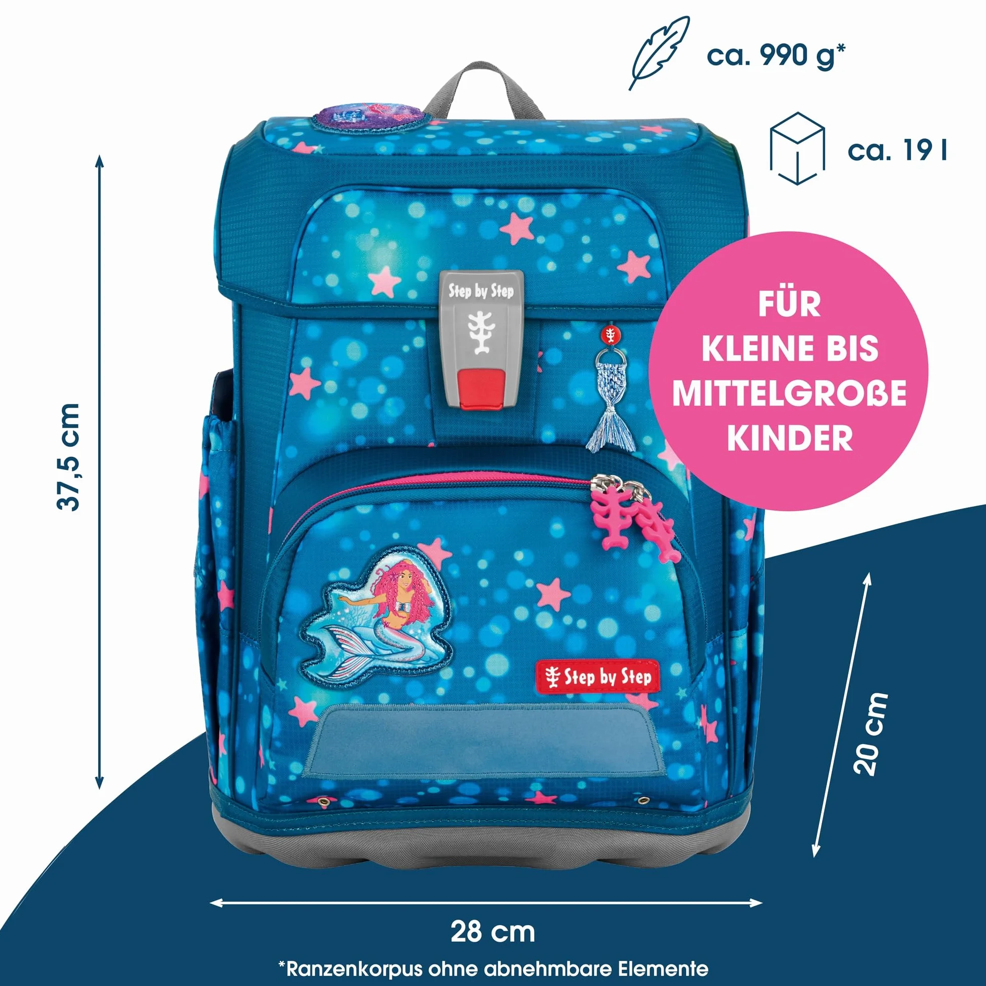 Step by Step Cloud zestaw tornister szkolny, 5-częściowy, ergonomiczny tornister z odblaskami, regulacja wysokości z paskiem biodrowym, od 1 klasy, 19 l, Syrenka Lola, tornister