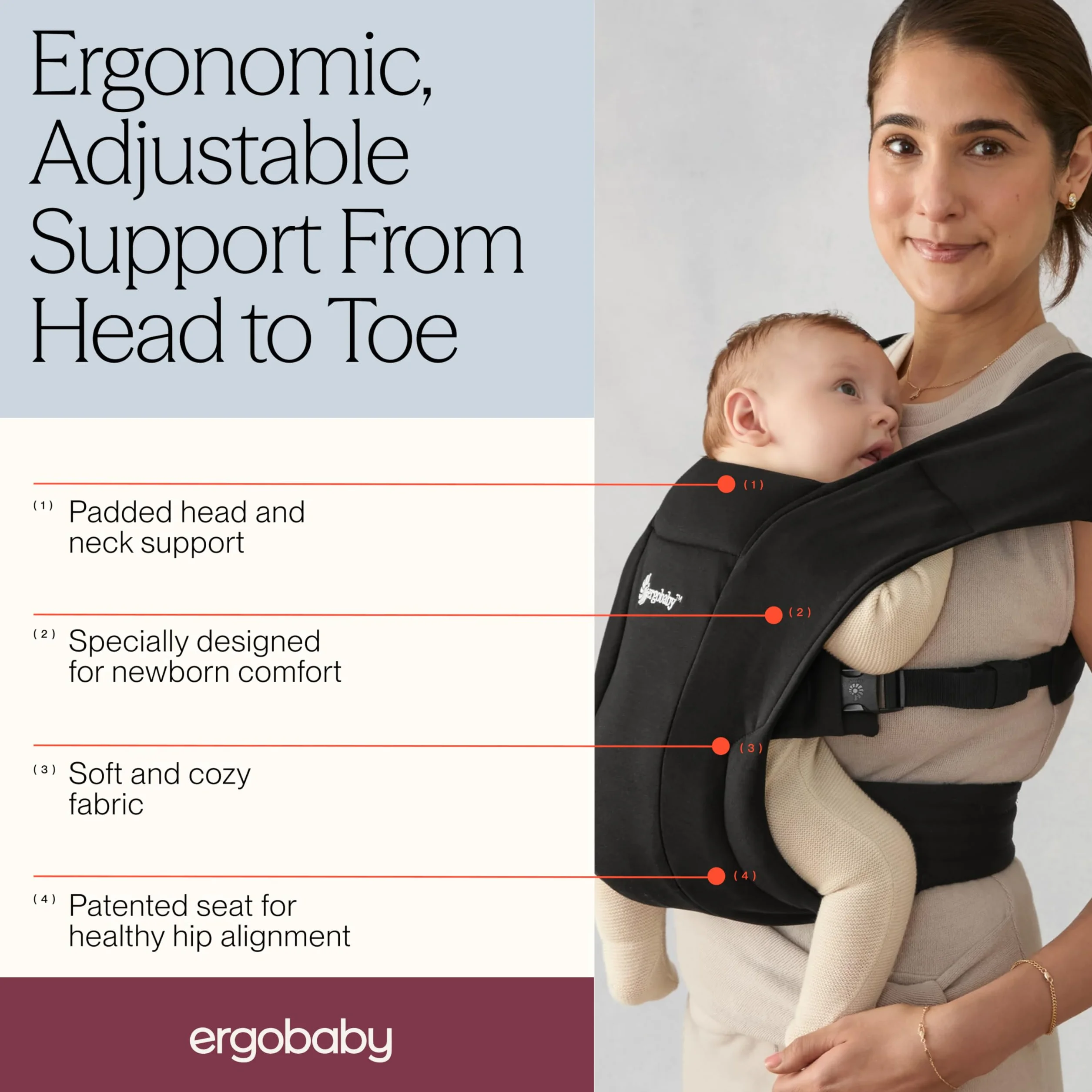 Ergobaby Ergonomiczne Nosidełko Embrace z Pasem Biodrowym, Równomierne Rozłożenie Ciężaru, Komapktowy, Lekki, Łatwy do Zapęcia, Kolor Czarny