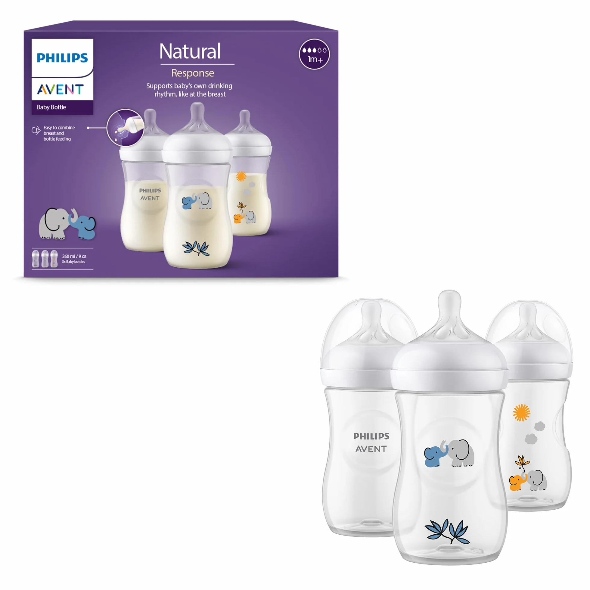 Philips Avent Natural Response zestaw upominkowy - 3 butelki Natural Response 260 ml z smoczkiem T3 (1 miesiąc i więcej) (model SCY903/63)
