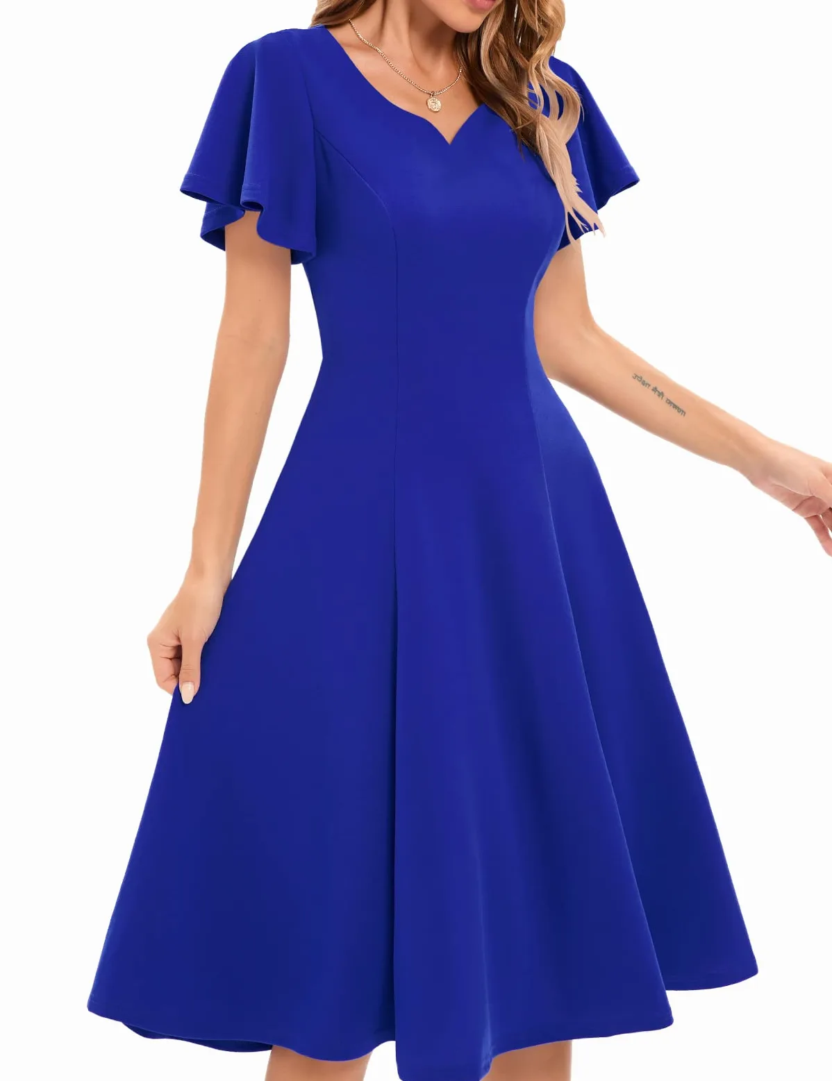 Homrain Damen Elegant Cocktailkleid 50er Jahre Rockabilly Knielang Vintage Kleid Faltenrock Retro Kleider V-Ausschnitt A-Line Abendkleid