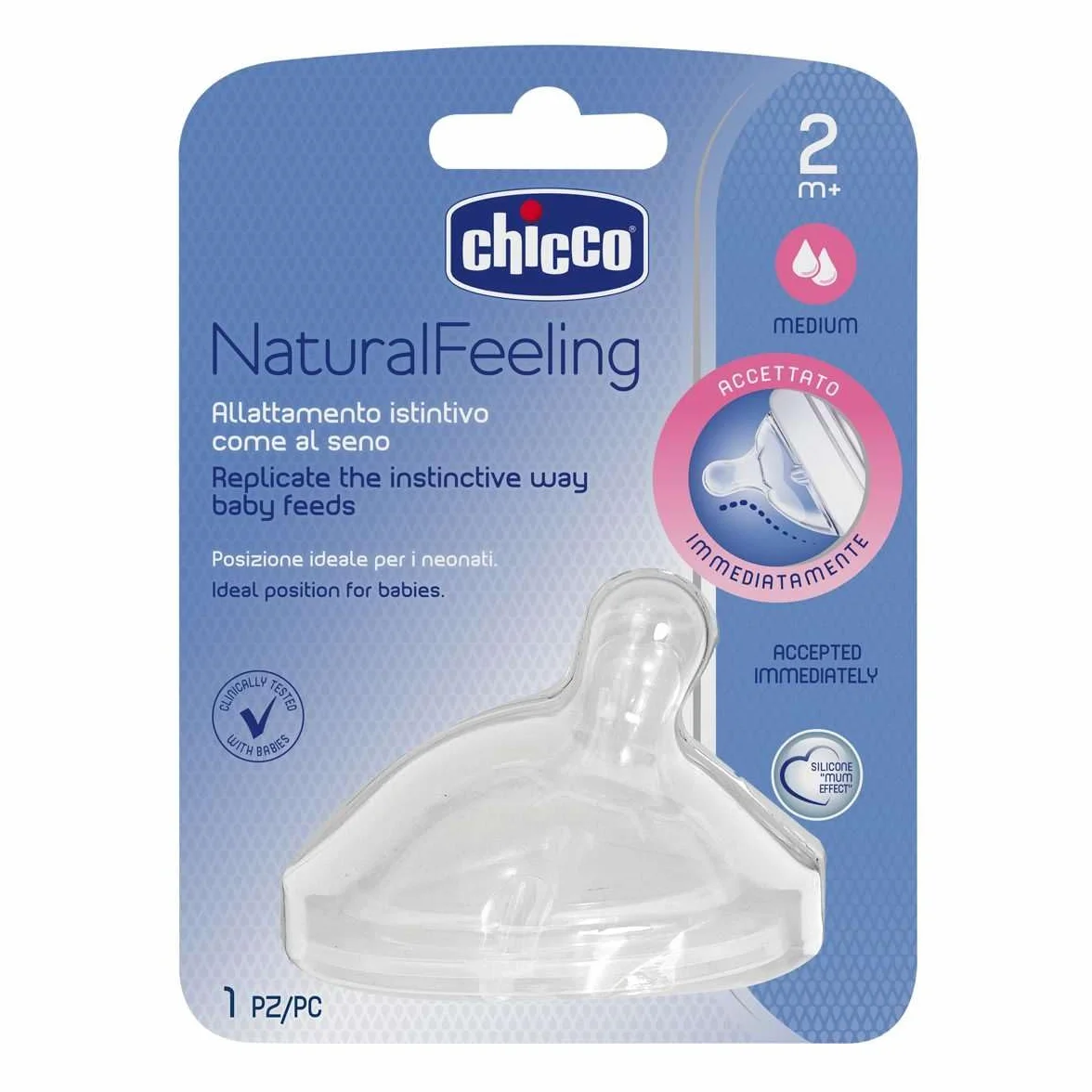 Chicco Smoczek Natural Feeling, Antykolkowy, Smoczek do Butelek z Szeroką Szyjką, Przepływ Średni, Dla Niemowląt od 2m+ (zestaw 2 szt.)