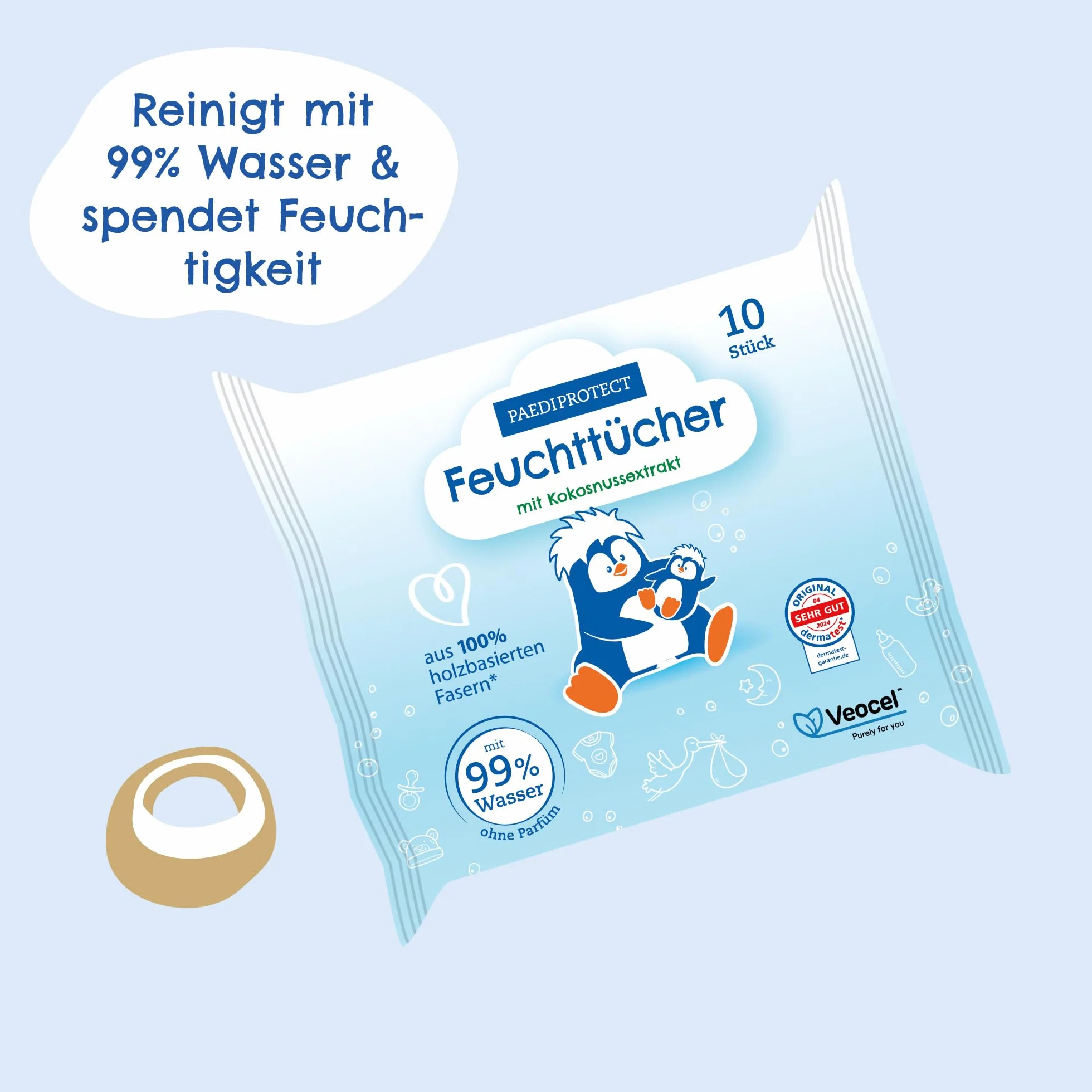 PAEDIPROTECT Chusteczki nawilżane 1 x 10 sztuk, delikatne chusteczki do wody dla niemowląt z 99% wody bez substancji zapachowych, do delikatnej skóry niemowląt i dzieci, z ekstraktem z kokosa, bez