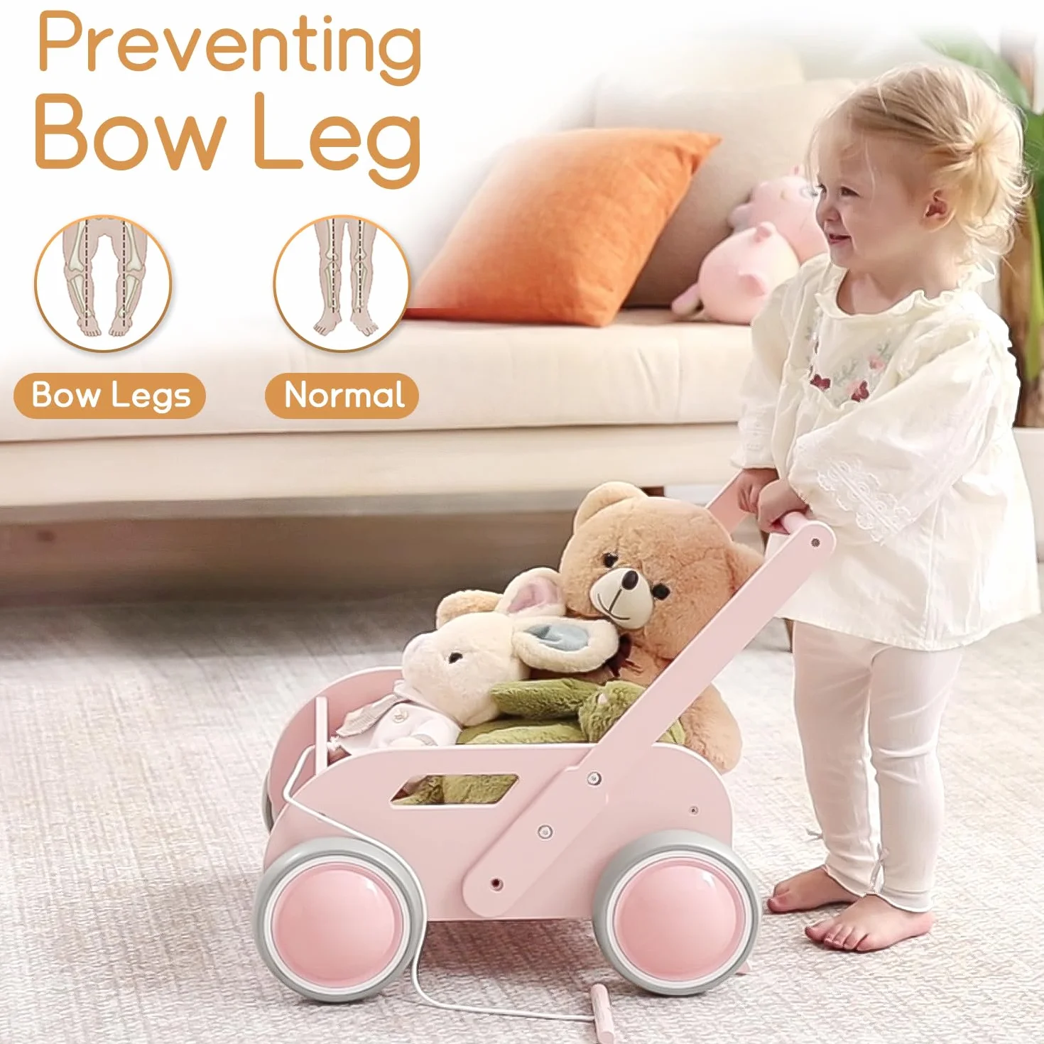 Drewniany wózek do nauki chodzenia dla chłopców i dziewczynek, wózek dziecięcy z drewna, Baby Walker z kółkami, prezent na urodziny, Boże Narodzenie, różowy