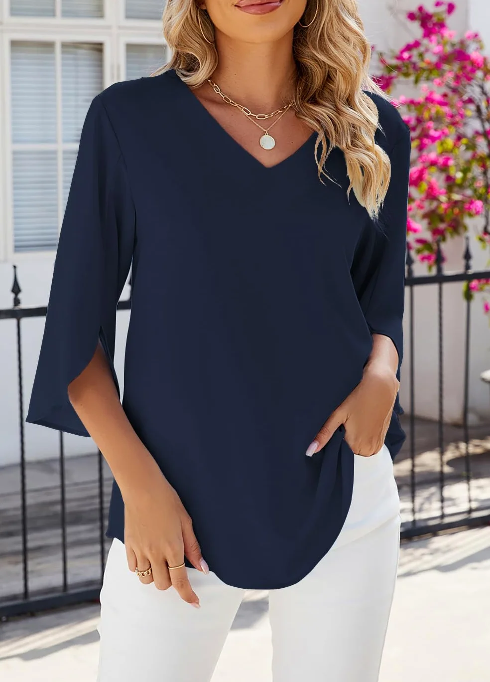 YUTILA Bluzka damska, elegancka, tunika, szyfon, bluzki damskie, top, jednokolorowa, na wiosnę, rękaw 3/4, top, bluzka