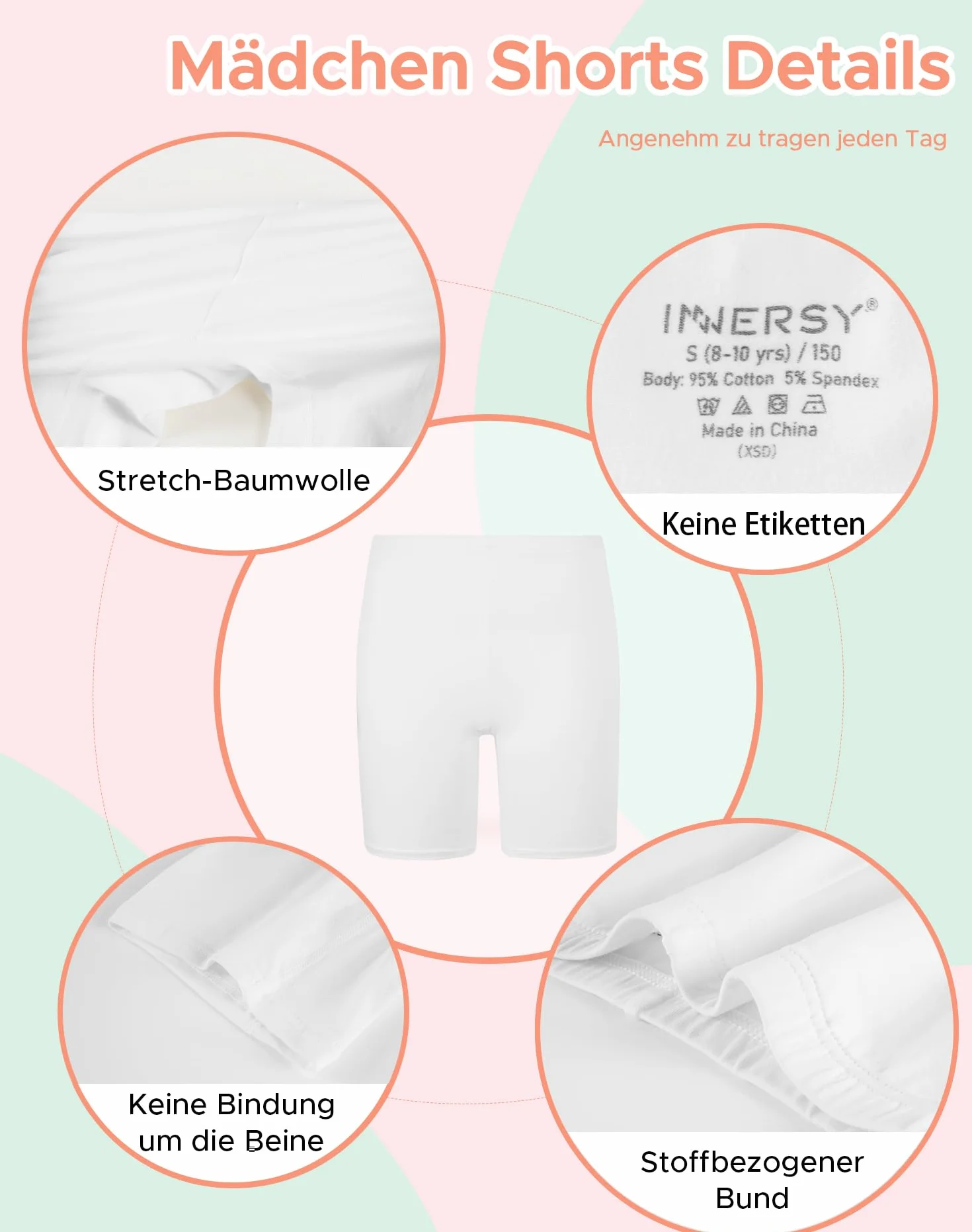 INNERSY Spodenki kolarskie, dziewczęce, bawełniane, krótkie legginsy pod sukienkę dla nastolatków 8-16 lat, 3 sztuki w