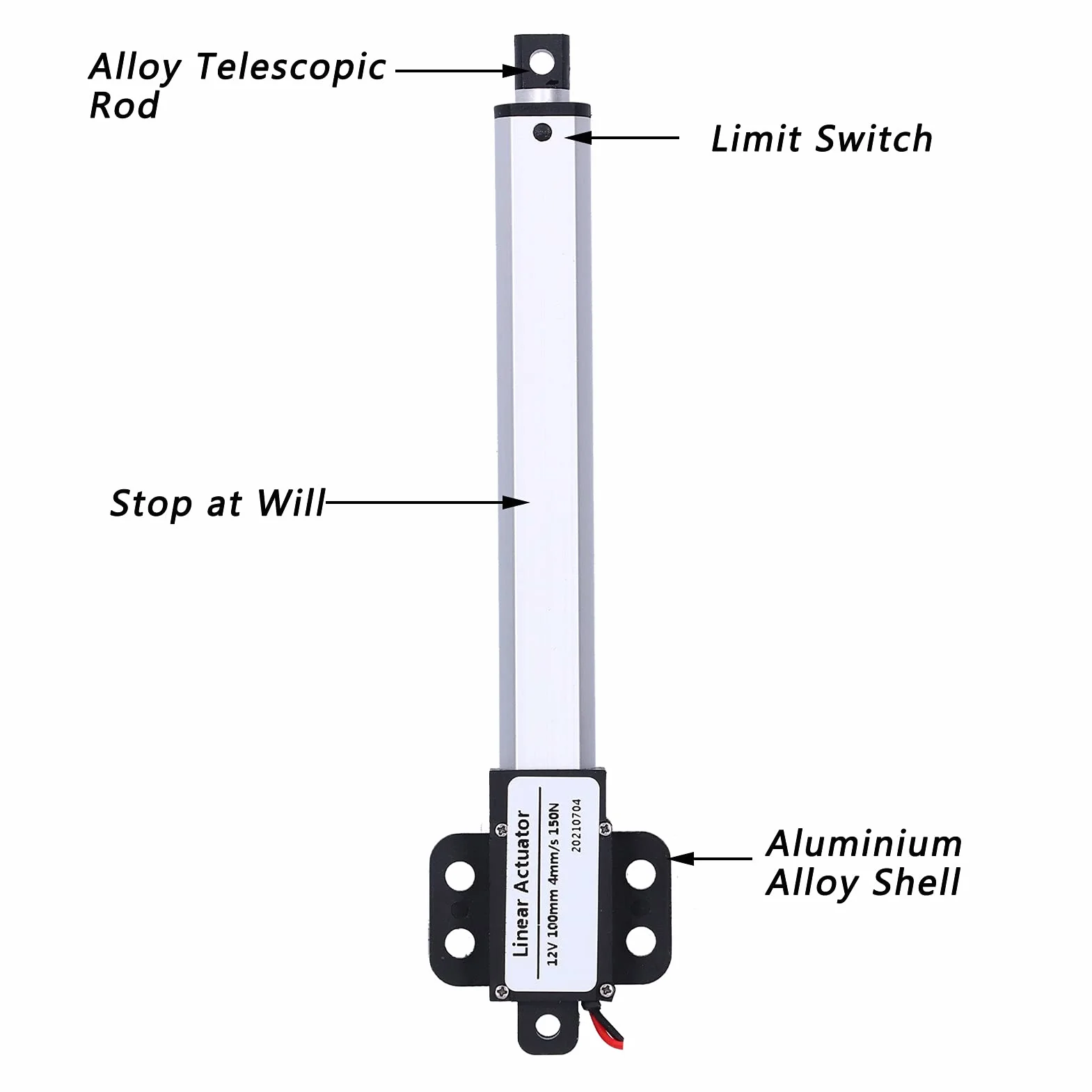 Siłownik Liniowy 100mm 12V, Niski Poziom Hałasu Ochrona Przed Zwarciem Mini Elektryczny Siłownik Liniowy, Wyłącznik Krańcowy Siłownik Liniowy(Skok 100mm-4mm/s-150N)