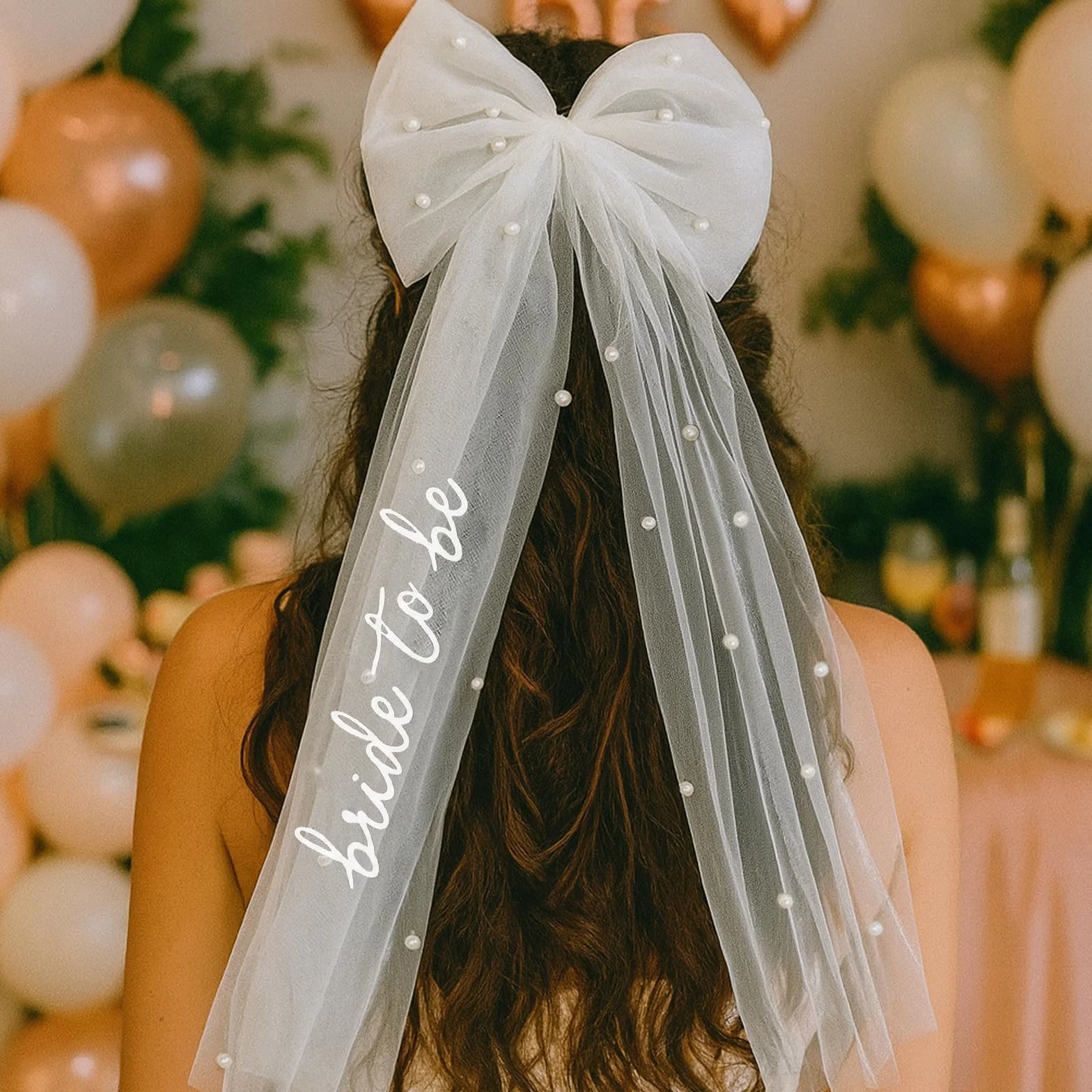 Bride to Be Bow Veil with Pearls, White Bridal Hair Bow Clip with Veil für Bachelorette, Bridal Shower, Wedding Morning