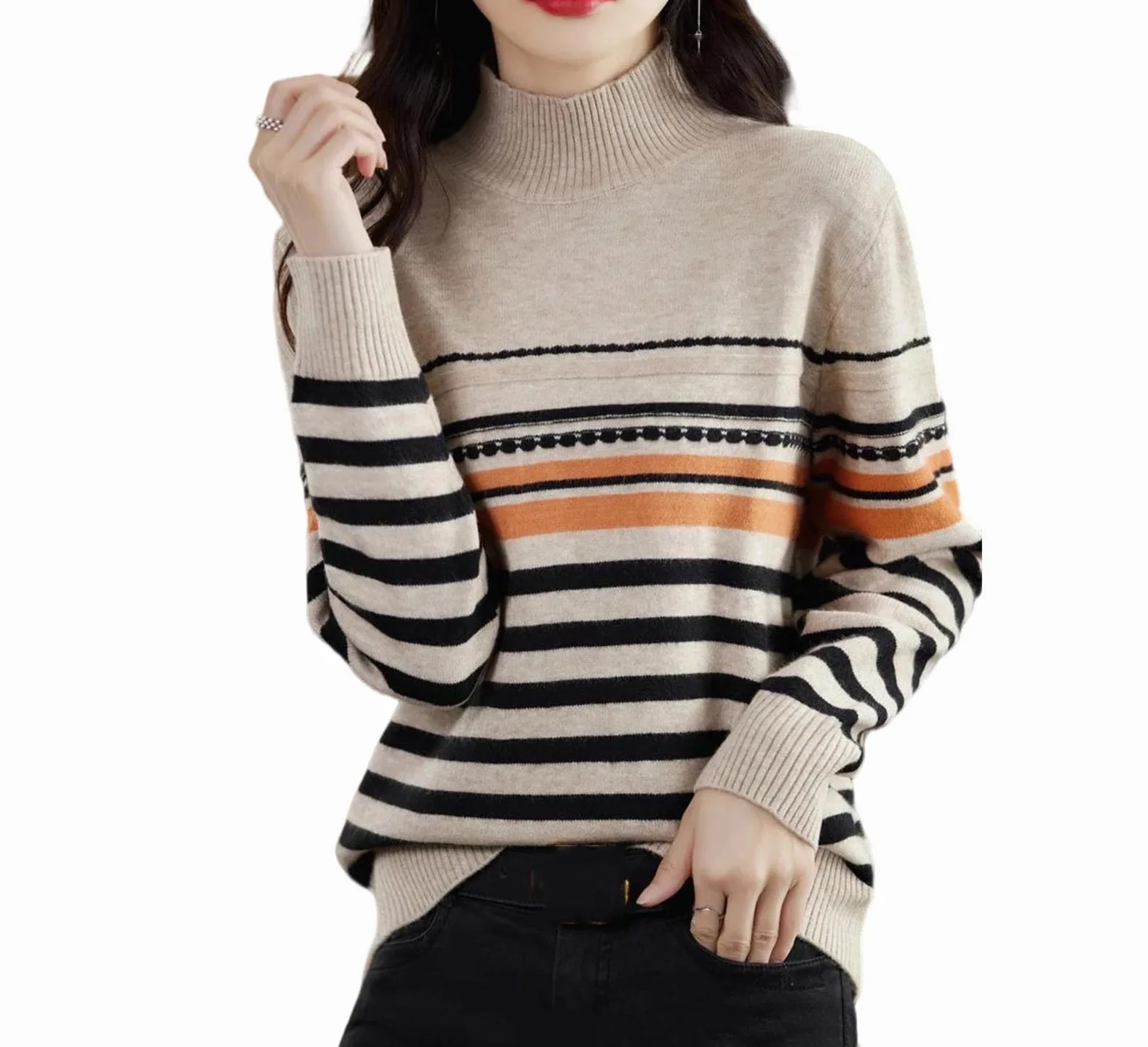 Sweter Damski Wełniany – Uniwersalny Sweter Z Półwysokim Kołnierzem I Kolorowymi Paskami-Beige-Medium