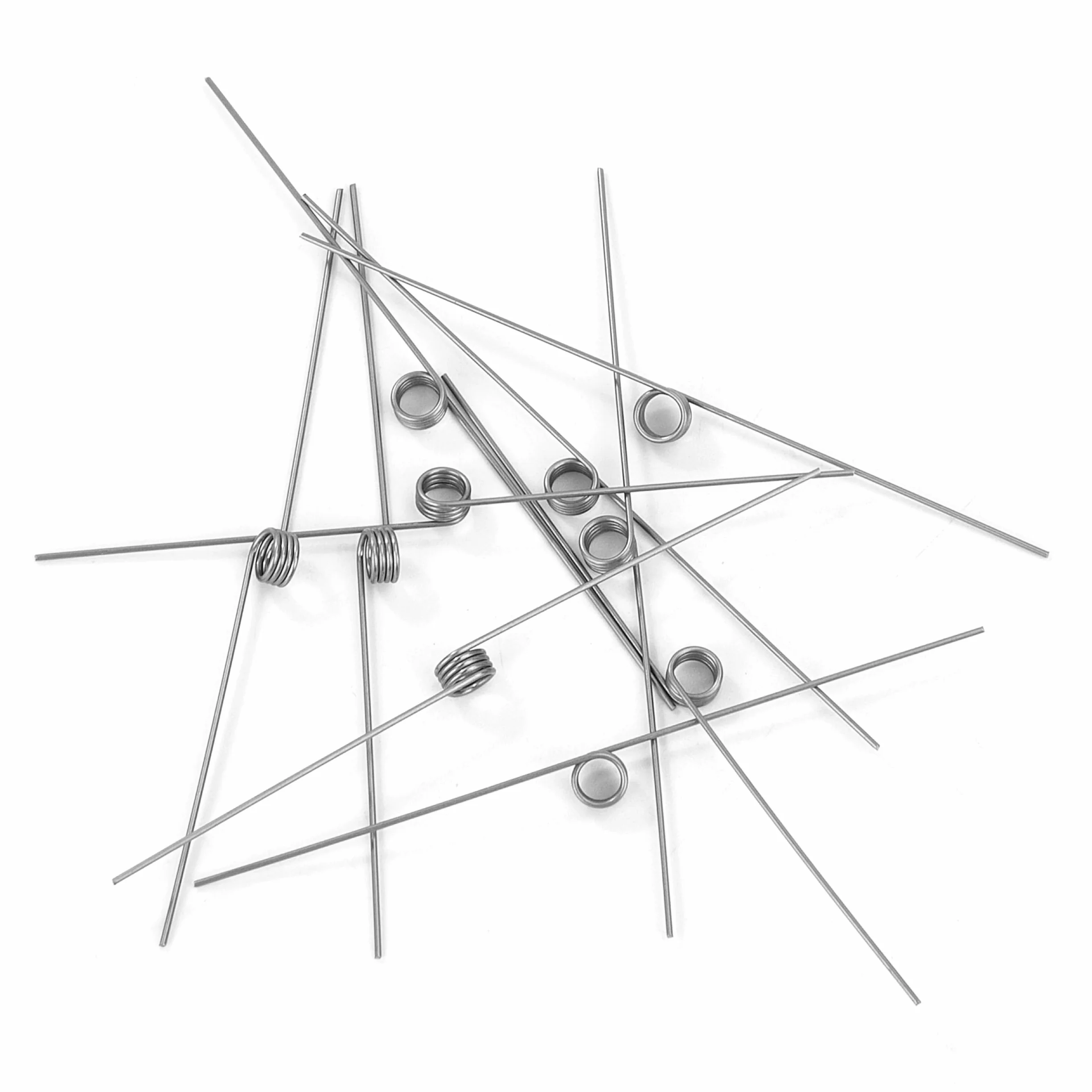 10 sztuk sprężyn skrętnych ze stali nierdzewnej, średnica drutu 0,5 mm, średnica wewnętrzna 3 mm, długość ramienia 30 mm, kąt 180°, 4 obroty proste 0,5x3x30 mm