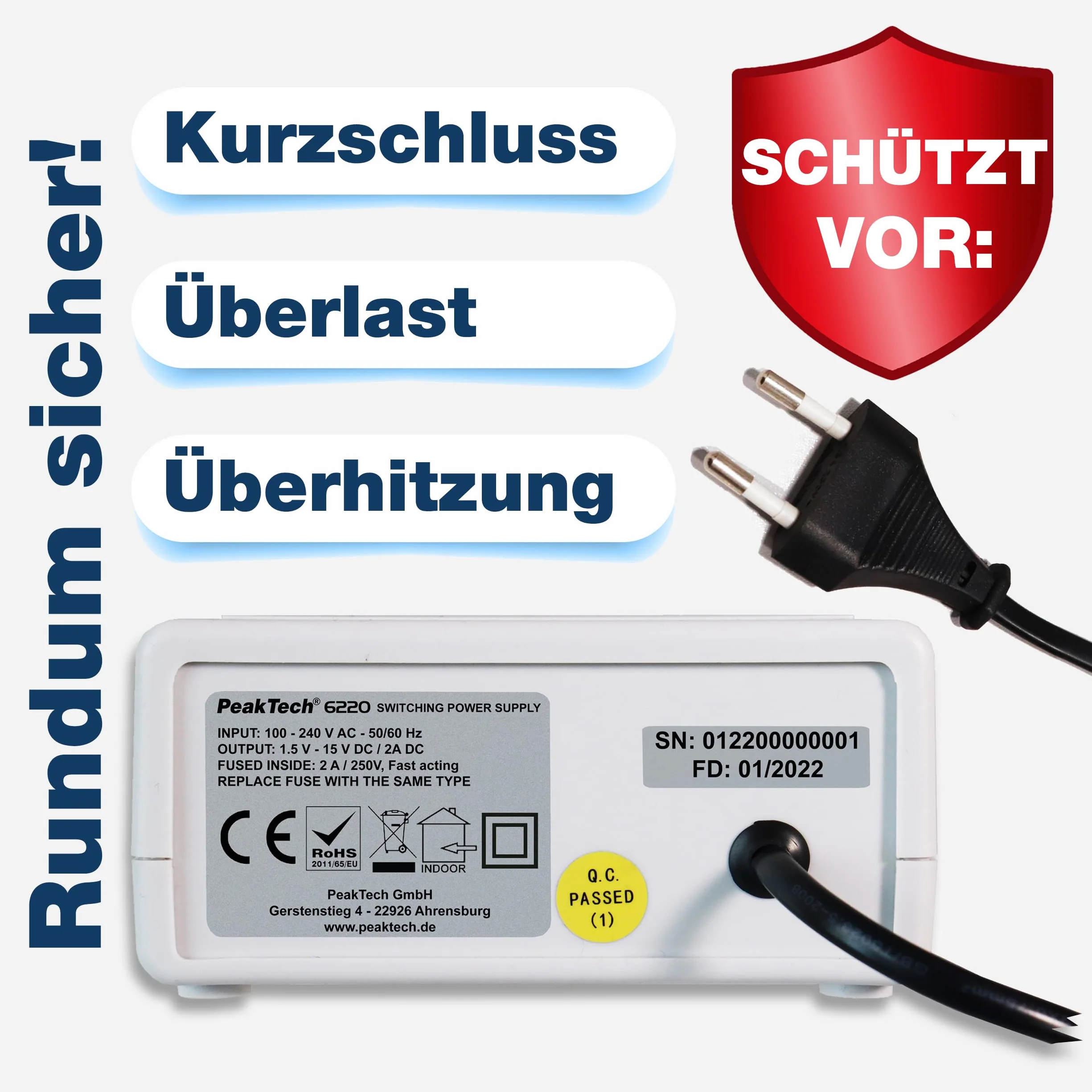 PeakTech 6220 Mini DC zasilacz impulsowy regulowany 1,5 V - 15 V / 2 A, zasilacz laboratoryjny z wyświetlaczem LED, P 6220, jasnoszary