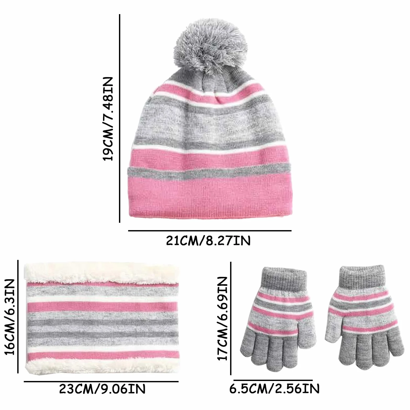 Dziecięca czapka zimowa w paski, dzianinowa czapka beanie, komin, szalik, rękawiczki, zestaw z grubą podszewką z polaru, bawełna, dzianina termiczna, pompon, czapka ocieplacz na szyję, dla