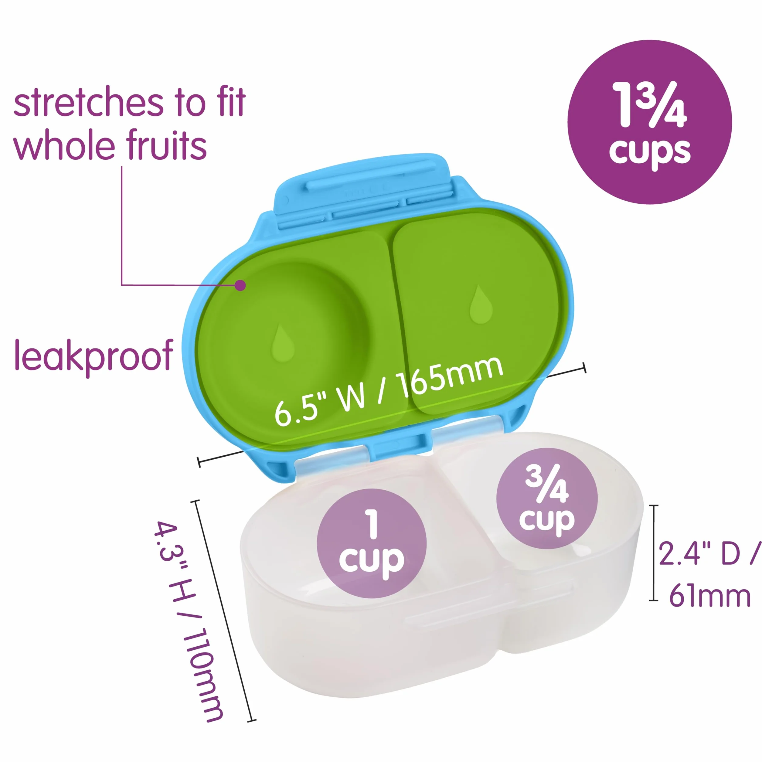 b.box Snackbox | Mini pudełko na lunch Bento z 2 szczelnymi przegródkami, idealne dla małych dzieci, na lunch i przekąski, pasuje do całego owocu, nie zawiera BPA, Ocean Breeze