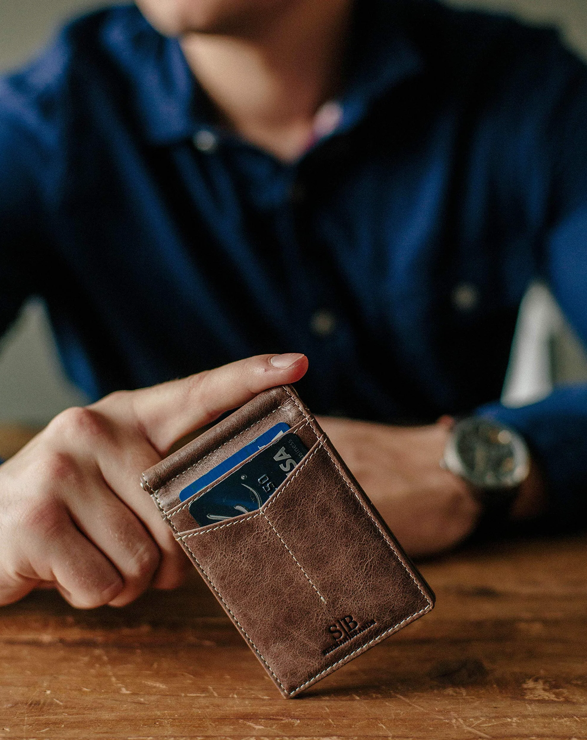 SERMAN BRANDS Portfel blokujący RFID, wąski, podwójnie składany, z prawdziwej skóry, minimalistyczne portfele z przednią kieszenią dla mężczyzn, z klipsem na pieniądze, prezenty, Poranna pieczeń, slim