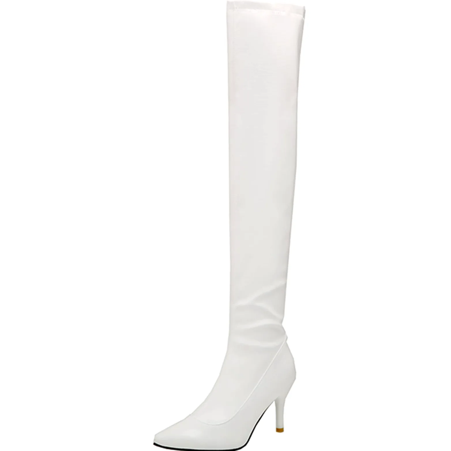 CUTEHEELS Damskie jednokolorowe buty na uda wysokie/nad kolanem ze szpilką i szpiczastym noskiem, biały, 33 EU