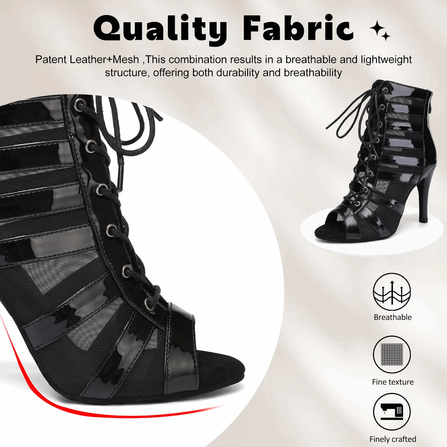 Damskie buty do tańca latynoskiego do tańca towarzyskiego sznurowane na wysokim obcasie z otwartym palcem z siatki,DS-K400,Obcas 9.5 cm