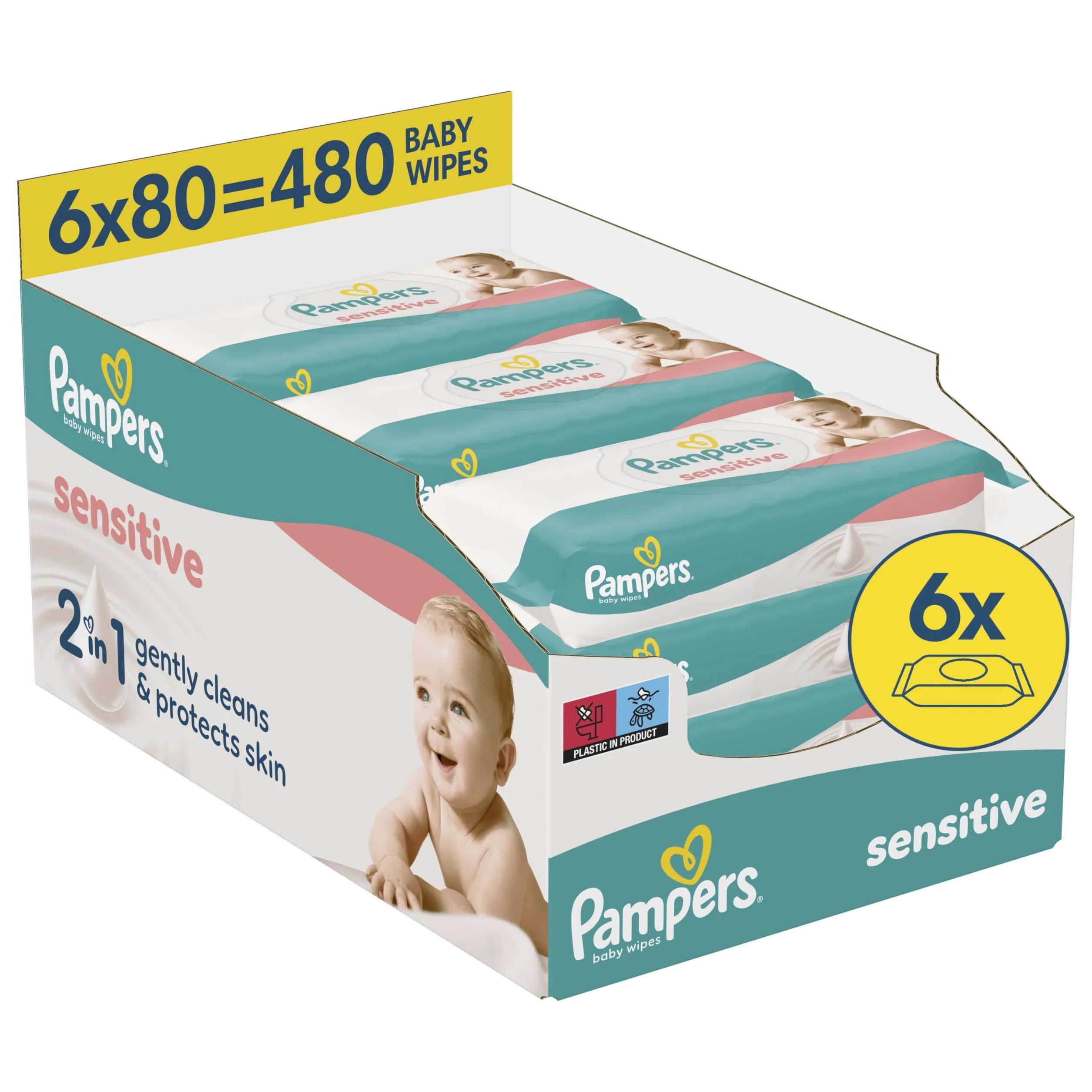 Pampers Sensitive Chusteczki nawilżane dla dzieci, 6 opakowania po 80 chusteczek = 480 chusteczek, bezzapachowe, do delikatnego oczyszczania